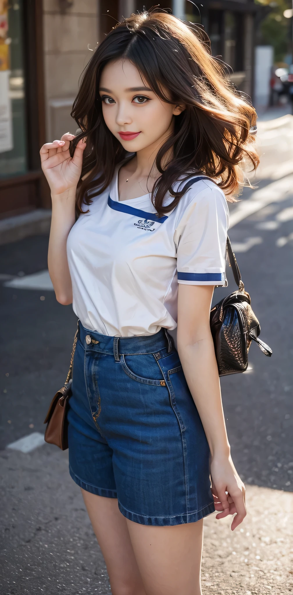 RAW photo, bokeh, (Lifelike face), smiled slightly, best quality, HDR, (photorealistic:1.55), brown and curly and messy hair, very detailed face, beautiful eyes, [chubby], adorable, full body portrait, Close-up, sharp outline, romantic, cold beauty, stylish, fashion, stylish costume, uniform, culottes, t-shirt, delicate face, brown hair fluttering in the wind, 24-year-old girl, slim figure, small bust, charisma, glamorous, standing tall.