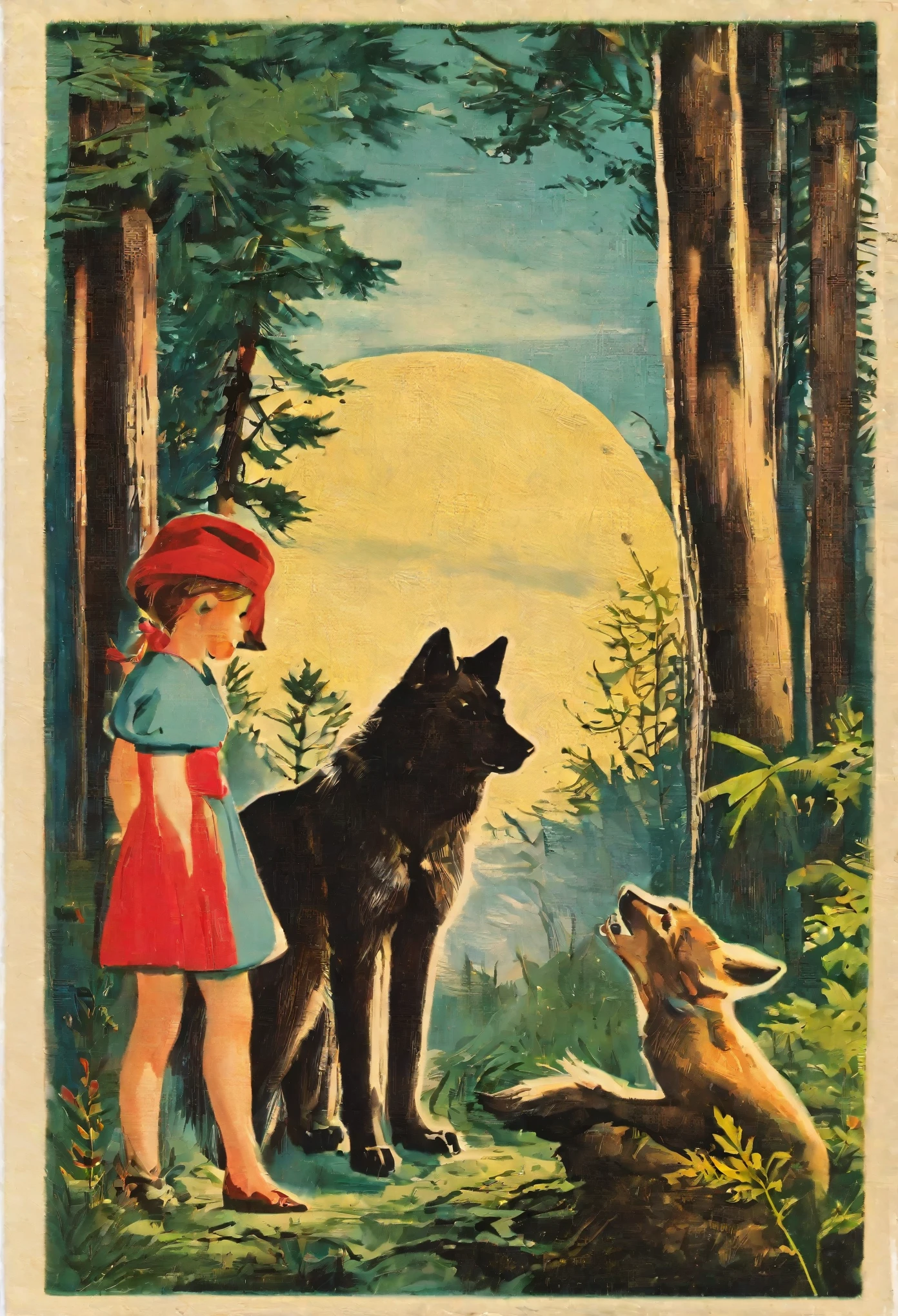 ephemera, label, retro, Vintage, stamp, A girl and a wolf meet in the forest,