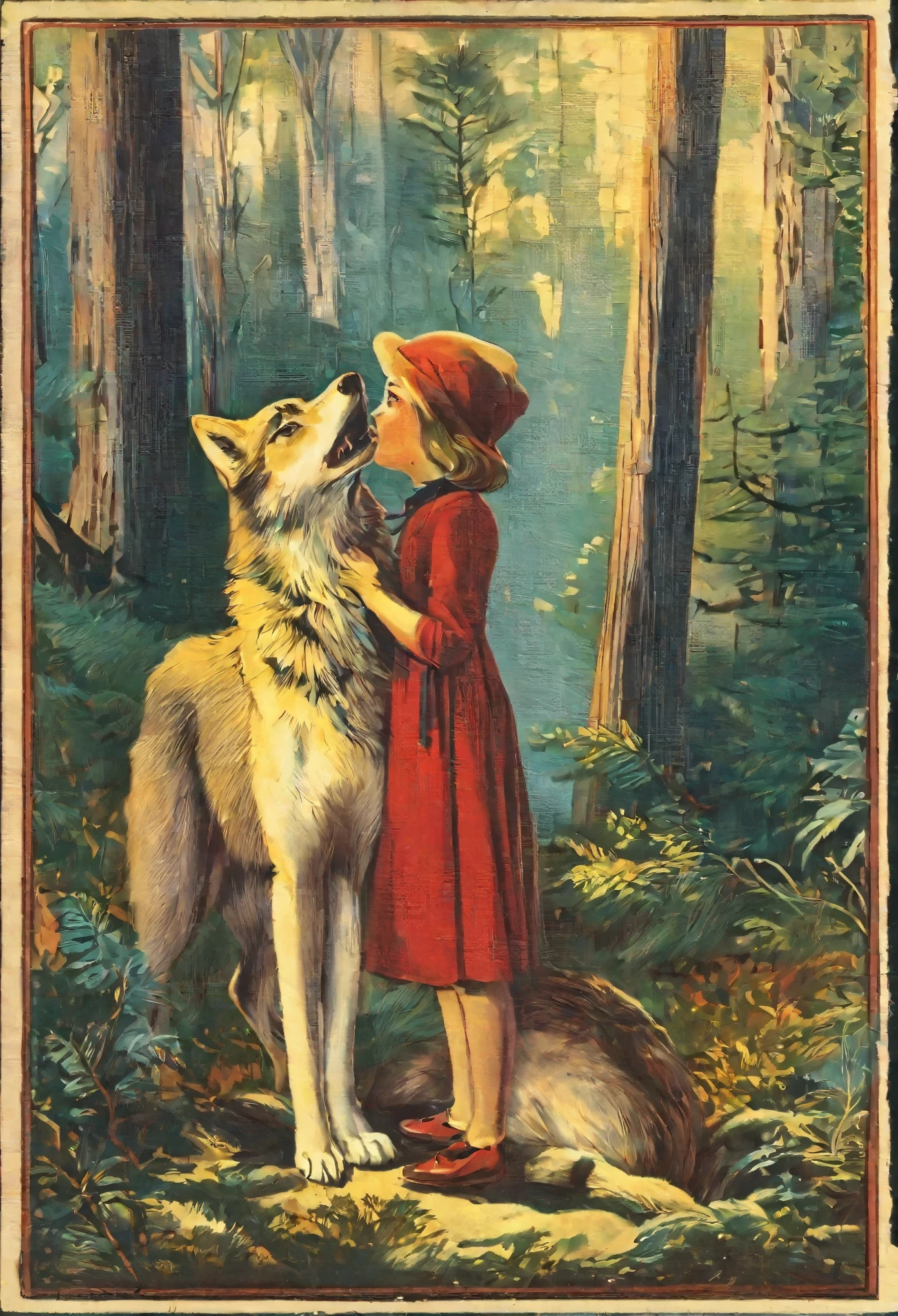 ephemera, label, retro, Vintage, stamp, A girl and a wolf meet in the forest,