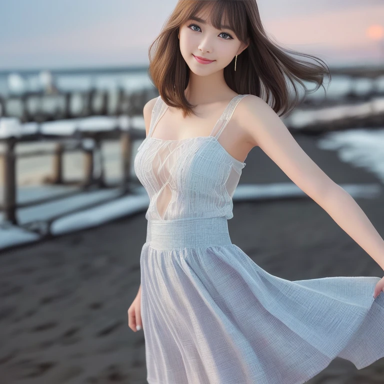 masterpiece、Photo-realistic quality、Woman standing on the beach near the sea, Long stretching sandy beach、Standing on the shore、20Bewitching woman of the year, Sheer white top、Pale gray-blue exy Japan Girl, Mature young woman, sexy and elegant pose,View the photographer、smile、 Japanese Model, Idol, Sexy and beautiful,Beautiful young woman, Beautiful young girl, Lovely lady, Very beautiful girl, Cute Core、(looking at the camera:2.0) 、Detailed and beautiful moist eyes、自然で柔らかいsmile