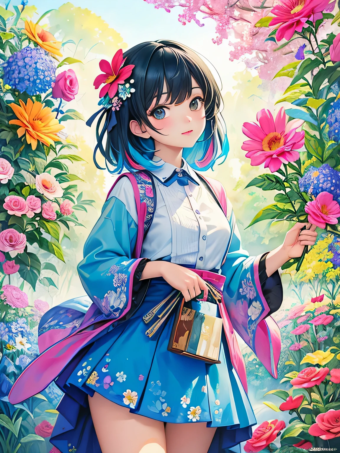Kishida Mel Style、(((Landmine fashion))), 8K Quality、Intense watercolor, Detailed watercolor art, Watercolor splash, Surreal, avant-garde pop art, Beautiful and expressive paintings, Beautiful artwork illustration, Very colorful tones, wonderful, Cool beauty, highest quality、Official Art, Vector art, Stylish design, (((The most beautiful girl))), (((highest quality))), HDR, ((detailed)), (((Doodle Art)), ((masterpiece)), ((Super detailed)), (((Colorful flowers))),(((Stylish))), (((love)))