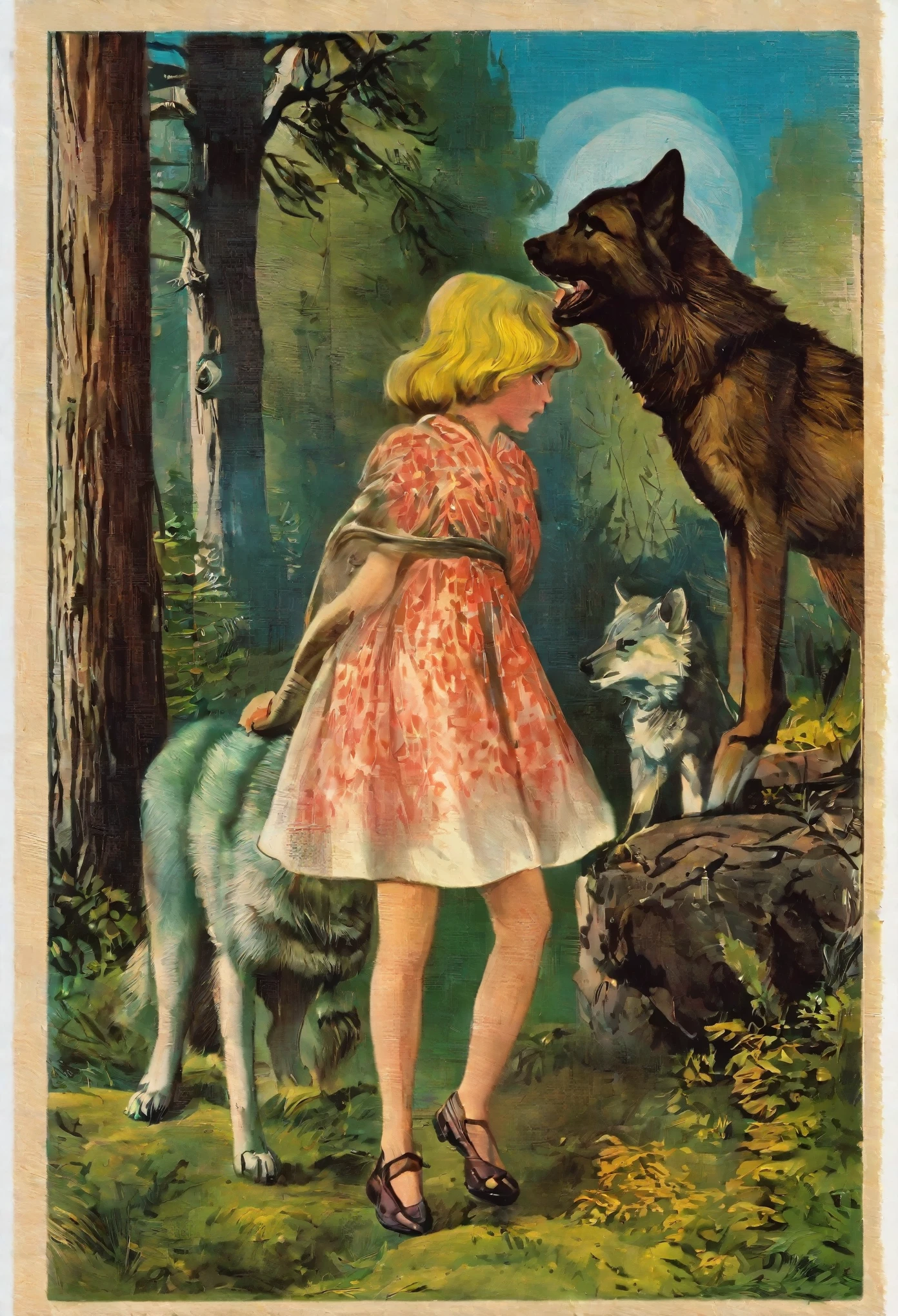 ephemera, label, retro, Vintage, stamp, A girl and a wolf meet in the forest,