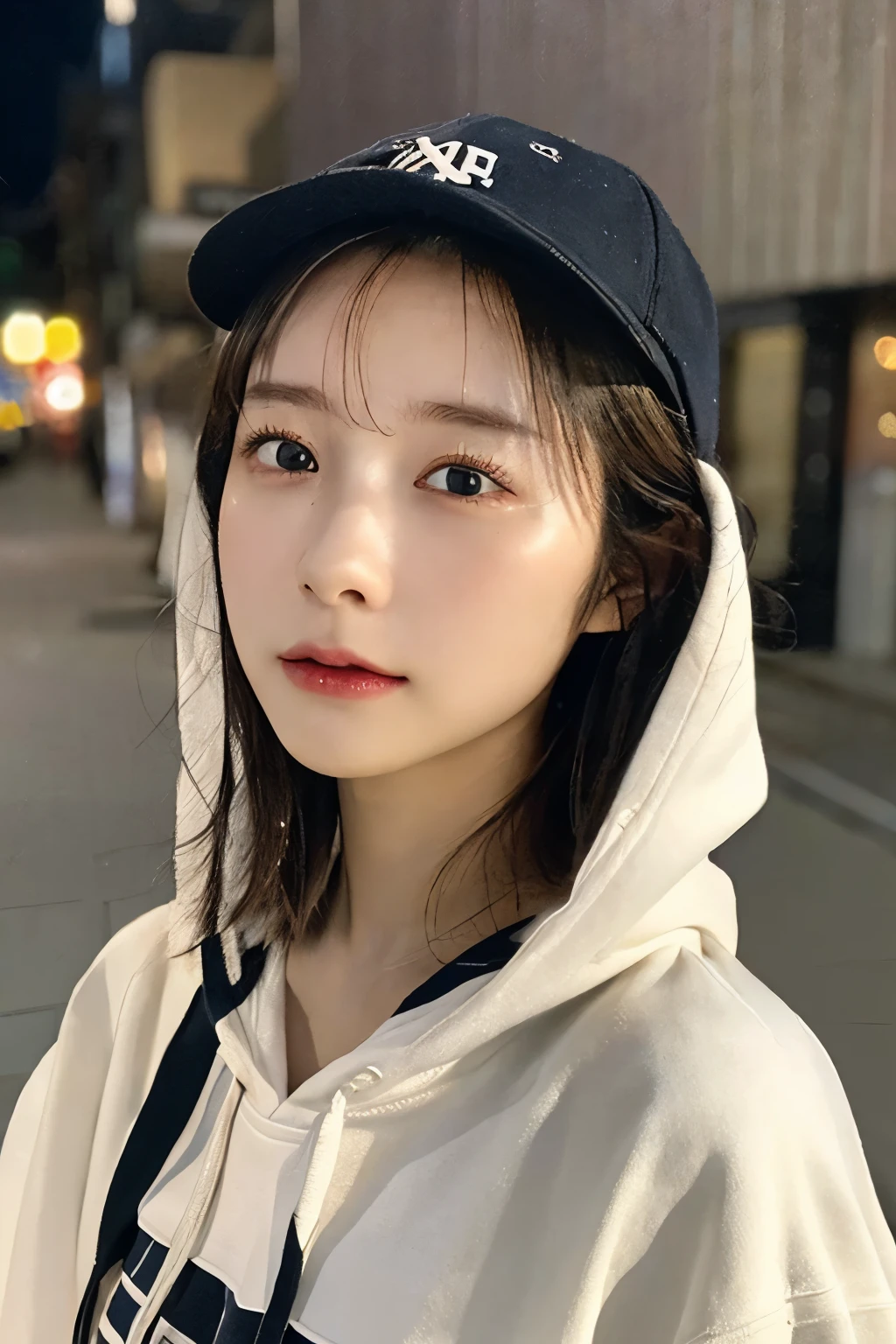 (highest quality,masterpiece:1.3,超A high resolution,),(Very detailed,Caustics),(Realistic:1.4,RAW shooting,)Ultra-Realistic Capture,Very detailed,High resolution 16K suitable for human skin、 Natural skin texture、、Skin tone is even and healthy looking、 Use natural light and color,One Woman,Japanese,,cute,short hair,(Written boundary depth、chromatic aberration、、Wide range of lighting、Natural Shading、)、(Outdoor lighting at night:1.4)、(Hair swaying in the wind:1)、（Exposure:3.0）、Oversized hoodie、cap