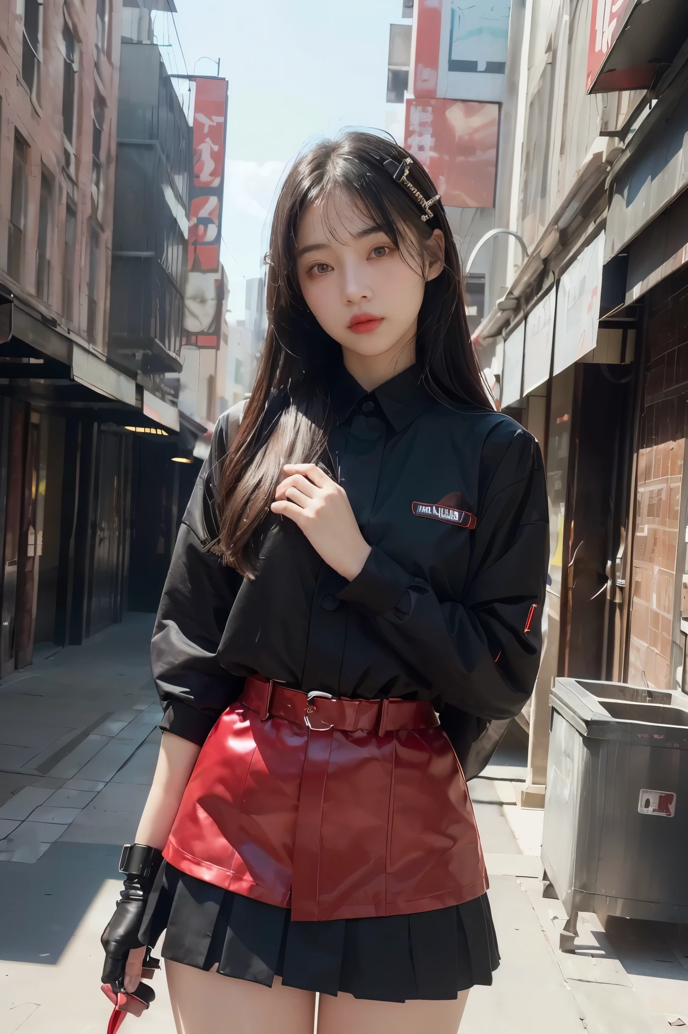 (finely detailed beautiful red eyes and detailed face,masterpiece sidelighting,masterpiece,best quality,detailed,high resolution illustration),(urban techwear, cybernetic background, sunny city),(1girl,whole body,bishoujo,lustrous skin,looking down,looking at viewer),(black hair,red eyes,short skirt,ribbon,button shirt)