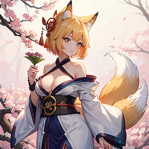 4K、Cute fox spirit、Woman in her twenties、Fox Ears、tail、kimono、Big Breasts、valley、Blonde、Short Hair、whole body、Fantasy Forest、Expose the chest、はだけたkimono、Captivating look、Relax