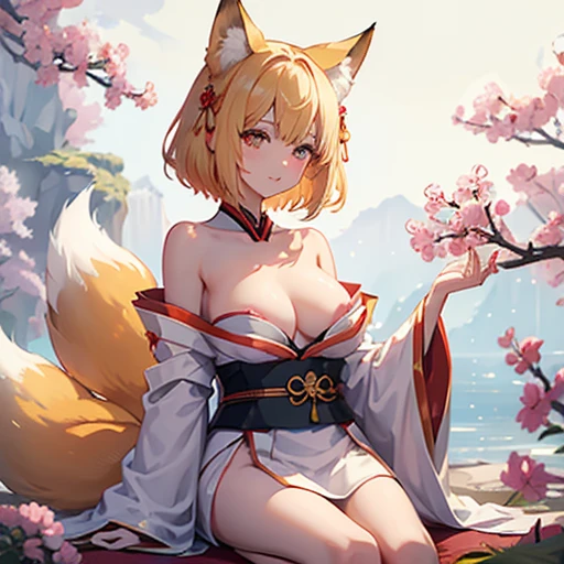 4K、Cute fox spirit、Woman in her twenties、Fox Ears、tail、kimono、Big Breasts、valley、Blonde、Short Hair、whole body、Fantasy Forest、Expose the chest、はだけたkimono、Captivating look、Relax