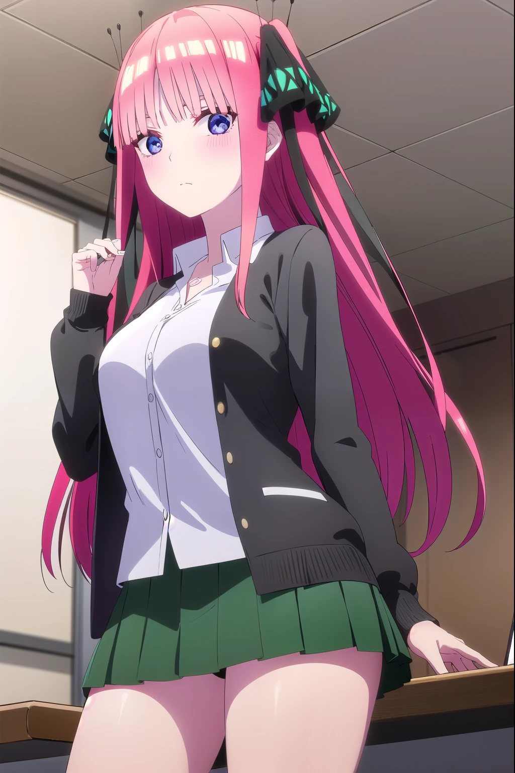 I was silent, Nino Nakano, Long Hair, bangs, blue eyes, hair ornaments, Hair Ribbon, Pink Hair, blunt bangs, Both sides up, butterfly hair ornaments,
break skirt, shirt, Long sleeve, white shirt, Pleated skirt, Open clothes, collared shirt, Sleeves are longer than the wrist, dress shirt, cardigan, Green Skirt, open cardigan, black cardigan,
break indoors, classroom,
break looking at viewer,
break (masterpiece:1.2), highest quality, High resolution, unity 8k wallpaper, (figure:0.8), (Beautiful fine details:1.6), Highly detailed face, Perfect lighting, Highly detailed CG, (Perfect hands, Perfect Anatomy),sexyポーズ、blush、View your viewers、cute、Her chest is E cup、sexy、Erotic、sexy、sex appeal、Eroticチック、Push your breasts together。Thighs、Big Tits、Oily skin、valley、胸のvalley、Seduce your audience