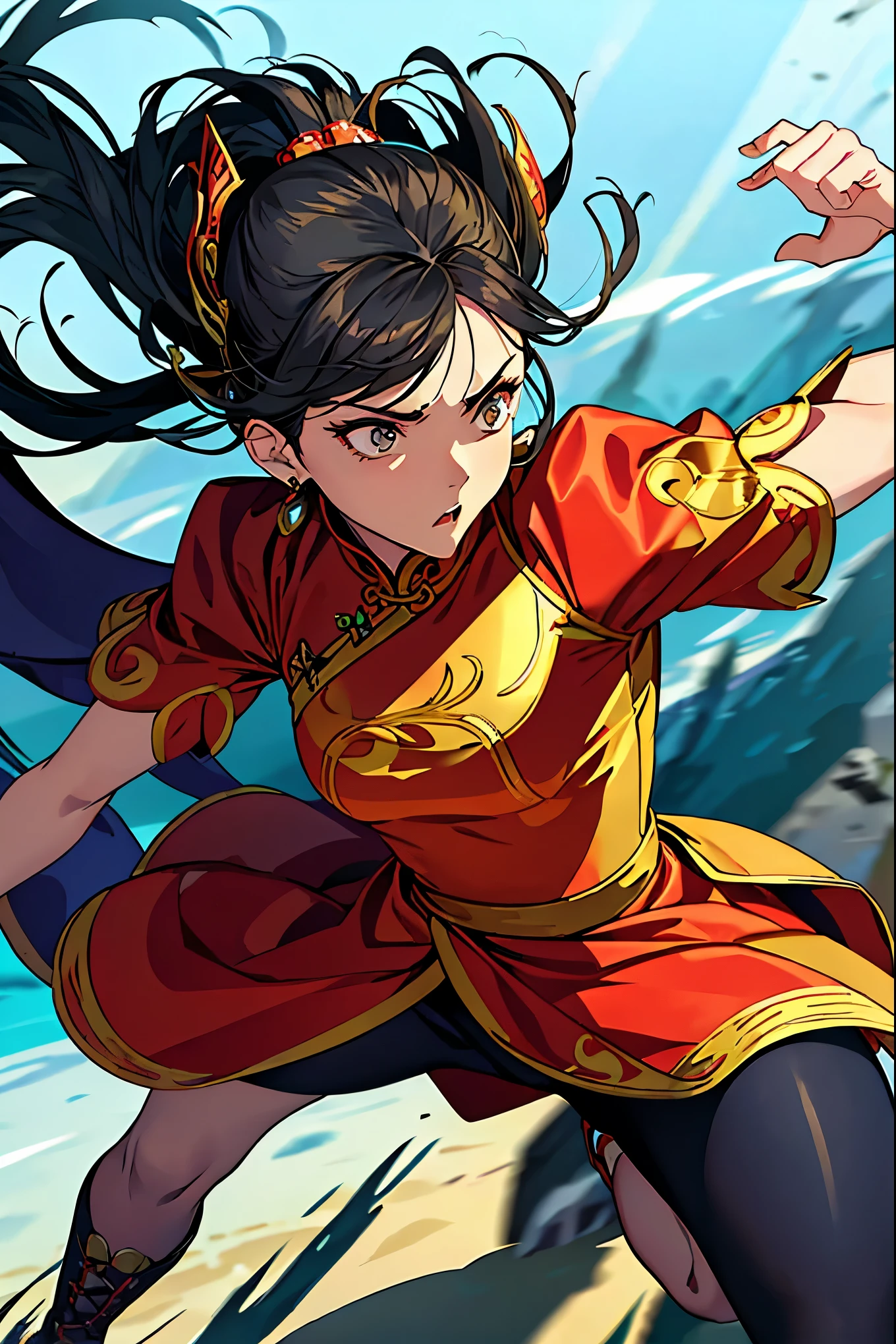 Amidst the bustling battlefield, a lone girl clad in a vibrant China dress stood defiantly. Her long ponytail, adorned with intricate red patterns and delicate beads, flowed behind her as she prepared for battle. The girl, known for her fiery spirit and fierce kicks, donned a fighter's helmet, protecting her beautiful, expressive face framed by her long lashes. With a determined look in her eyes and a fierce grip on her powerful leg, she braced herself for the fight ahead. The scene was painted in stunning detail, with the motion blur from her swift movements adding an element of exhilarating chaos to the tranquil background. The sunlight