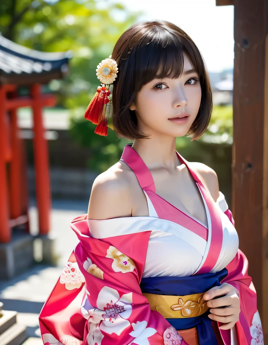 oiran woman ,(top-quality、8K、32K、masterpiece、超A high resolution、nffsw:1.3)、(Japan idol:1.3)、1girl in、(cute tits)、((extremely cute breasts)),(short-hair)、abdominals、the perfect body、,((oiran woman)), Delicate facial features, Ultra-realistic, Hyper-realistic, clavicle、Shadow、octan render、((maikurobikini)),((Wear a beautiful kimono with a high degree of exposure)),hyperdetailed face、Detailed lips、finely eye、double eyelid、(Enchanting)、((agitation:1.5))、maikurobikini、Mystical expression、old Kyoto city background、、((cute breasts)),Toostock、mecosuji、Kimono with colorful floral pattern、highcontrast、(((Brightly colored kimono))), small breasts、,flicker、(Kimono comes off)、(arms at side down:1.2), , smile with a smile,