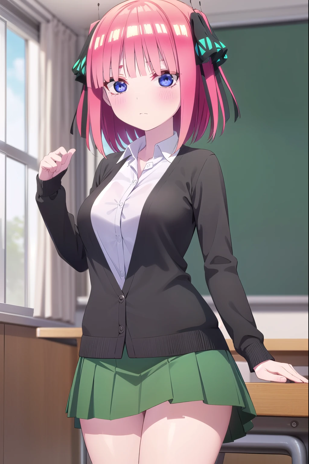 I was silent, Nino Nakano, short hair, bangs, blue eyes, hair ornaments, Hair Ribbon, Pink Hair, blunt bangs, Both sides up, butterfly hair ornaments, break skirt, shirt, Long sleeve, white shirt, Pleated skirt, Open clothes, collared shirt, Sleeves are longer than the wrist, dress shirt, cardigan, Green Skirt, open cardigan, black cardigan,, break indoors, classroom, School, break looking at viewer, break (masterpiece:1.2), highest quality, High resolution, unity 8k wallpaper, (figure:0.8), (Beautiful fine details:1.6), Highly detailed face, Perfect lighting, Highly detailed CG, (Perfect hands, Perfect Anatomy),The body is slim, Big Breasts, Medium Waist, Medium Hips, ,sexy、Erotic、sexy、sex appeal、Eroticチック、Big Tits、Oily skin、Seduce your audience