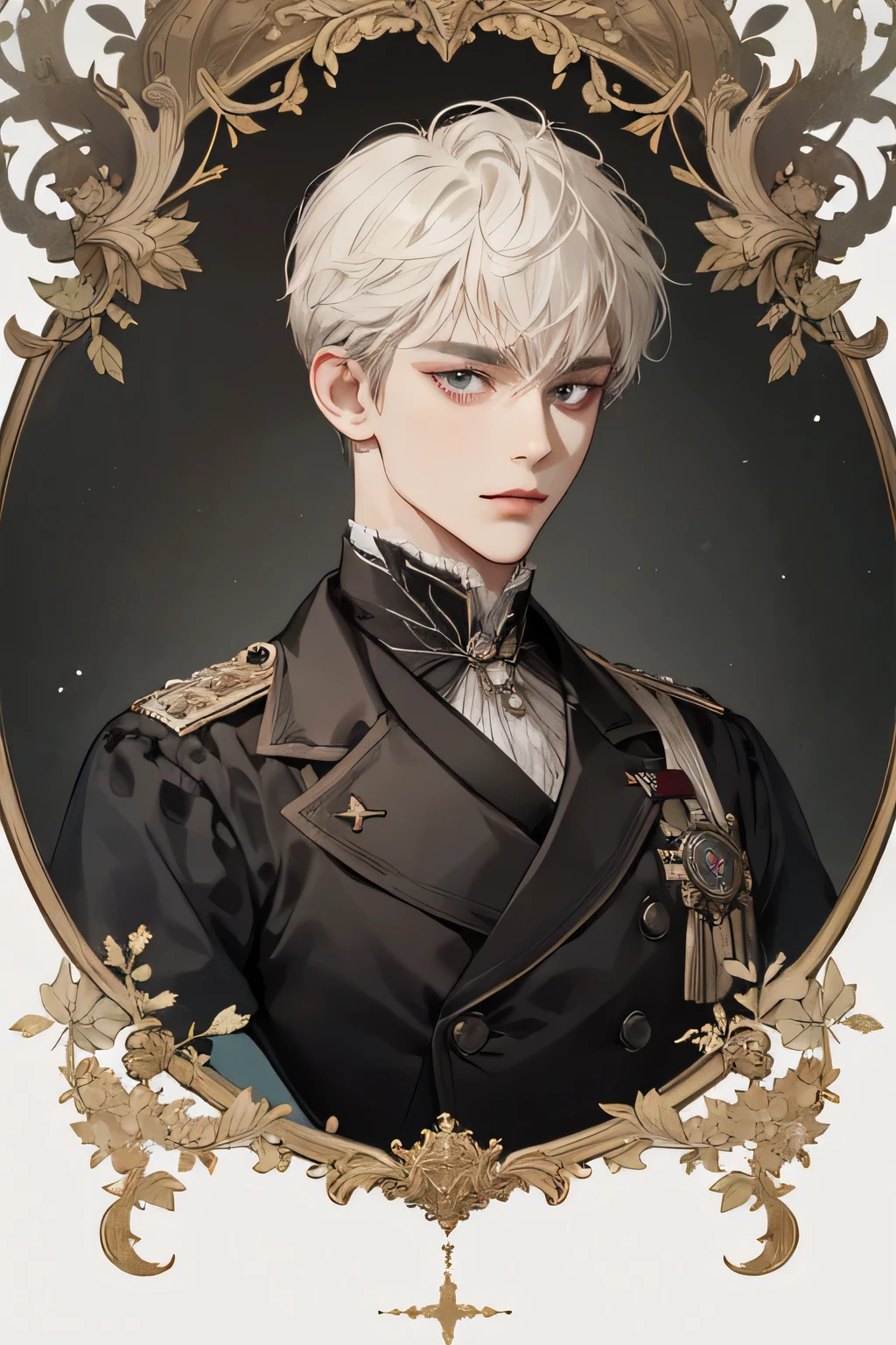 Prince, old Man, male, 1boy, manly, shine, depicting Equal eyes, (A Male god) Look at camera, depicting delicate facial features, black gold uniform victorian, white gloves, gothic style, ribbon, short curl hair, extreme detail, delicate depiction, black eyes, royal, elegant, noble, royal dress, black eyes, black eyes, perfect eyes
