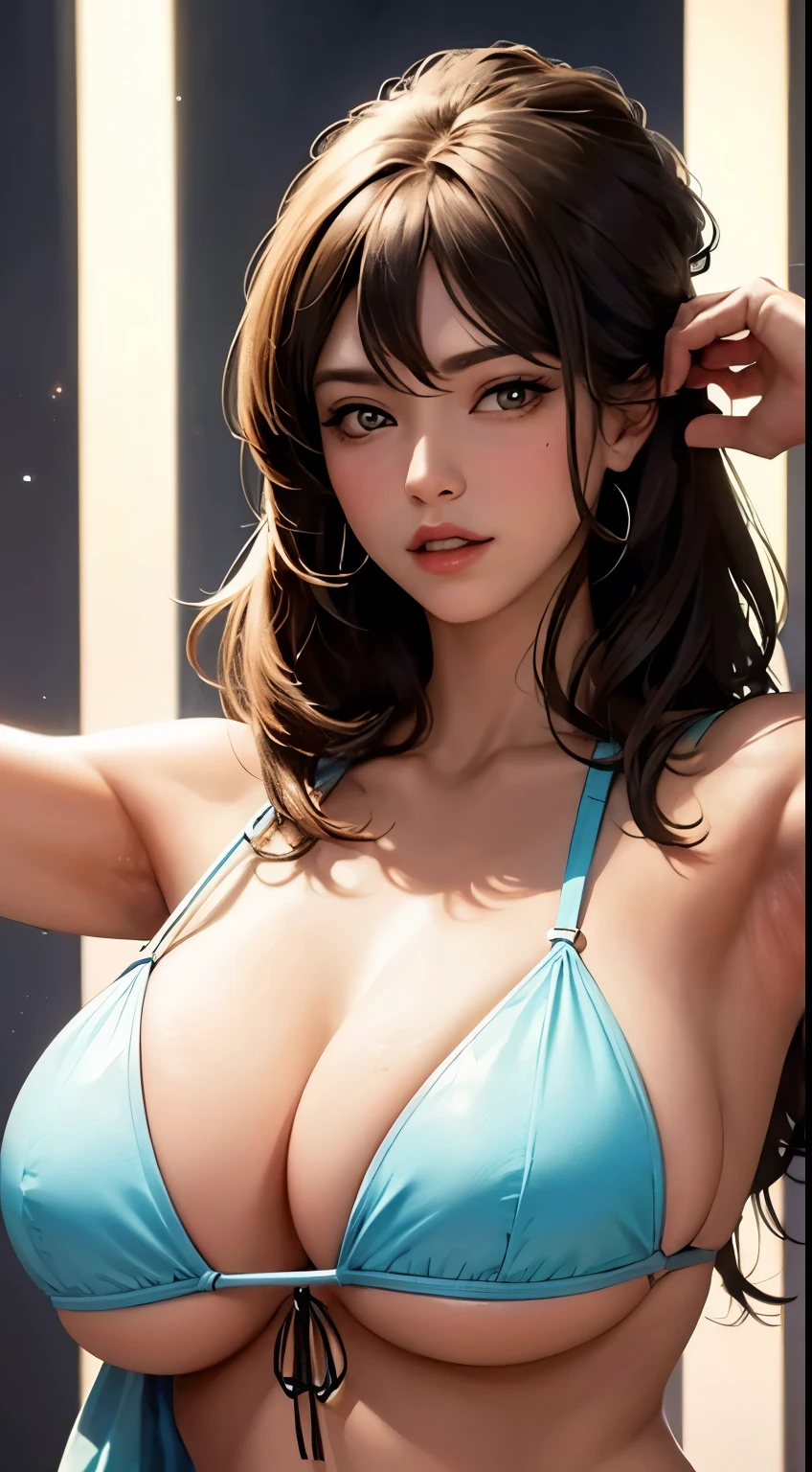 (huge tits), Haut du corps, abdos, bikini comme s'ils n'existaient pas, deserted beach, gros seins, gigantesque seins, 4K ultra UHD, mains parfaites, cing doigts, yeux parfaits