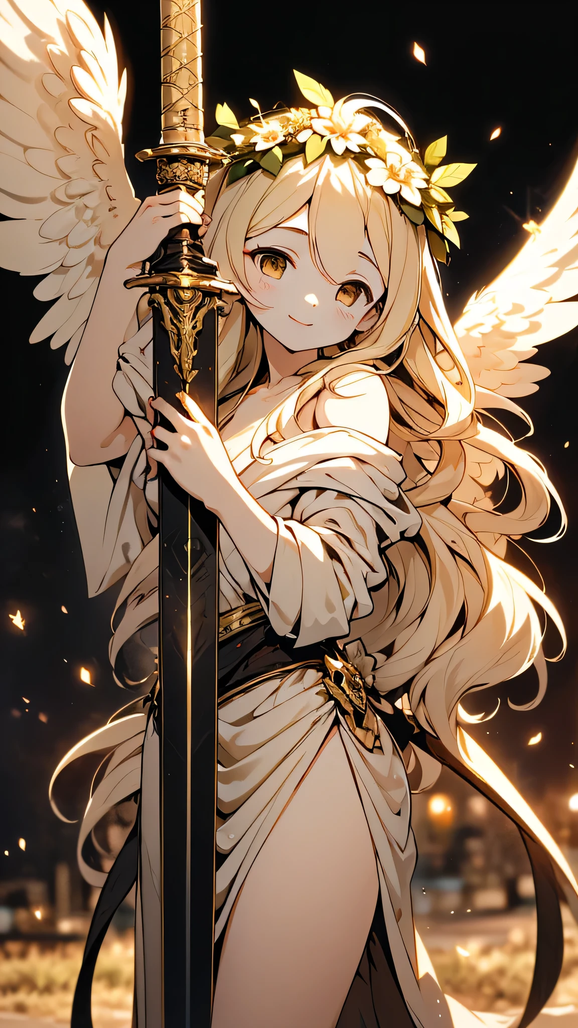 quality\(8k,Extremely detailed CG unit wallpaper, masterpiece,high resolution,top-quality,top-quality real texture skin,Surrealism,提high resolution,RAW photos,Best quality,Very detailed,,Movie Lighting,Ray Tracing,Golden Ratio\),Angel Girl，mercy，kindly，blond，wing，blonde，Holding a cross sword，Holding the Great Sword，Great Sword，Great Sword，Outdoor Background，feather，robe，blonde，wreath，wreath，wreath，cute，Smile，Close-up shot from waist up