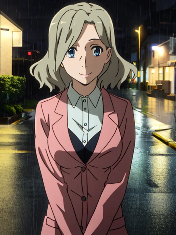 irene honma, short hair, blue eyes, grey hair, shiny skin, red trench coat, bikini, black Bikini, big bust:1.5, night, empty street, outdoors, rain, 1girl, solo, upper body, facing viewer, looking at viewer, smile