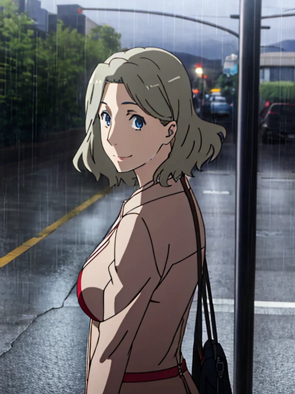 irene honma, short hair, blue eyes, grey hair, shiny skin, red trench coat, bikini, black Bikini, big bust:1.5, night, empty street, outdoors, rain, 1girl, solo, upper body, facing viewer, looking at viewer, smile