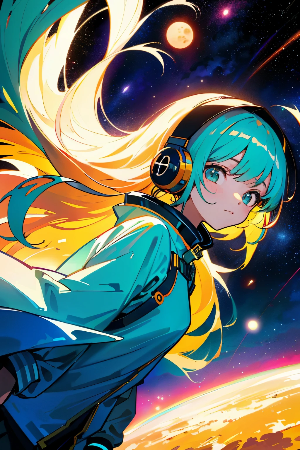 Cute anime girl floating in space, listening to lofi hip-hop music with headphones - A tranquil scene of a beautiful anime girl drifting among the stars and planets, surrounded by a breathtaking 16x9 4K space artwork. She wears a relaxed expression, her long, flowing hair catching the cosmic breeze as she immerses herself in the mellow beats of the music streamed through her headphones. The detailed manga-style illustration captures the anime girl's peaceful expression, her delicate features contrasting against the vast, surreal backdrop of the universe.