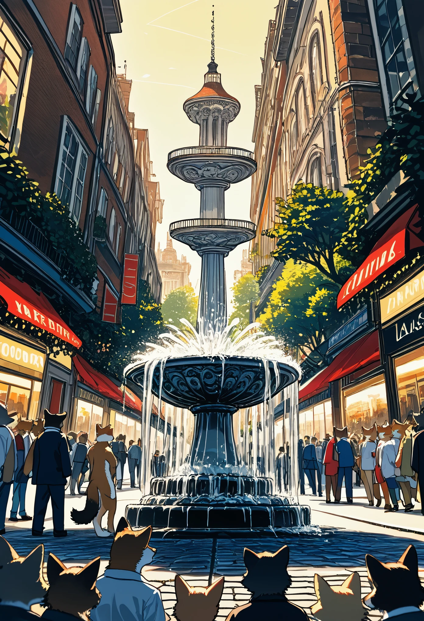 top quality, best quality, High-quality illustrations, masterpiece, super high resolution, detailed background, Streets of Paris, The fountain, 6+boys, 6+girls, absurdres(highly detailed beautiful face and eyes)perfect anatomy, expression, good lighting, cinematic shadow(kemono, furry anthro)assorted poses, dynamic angle,