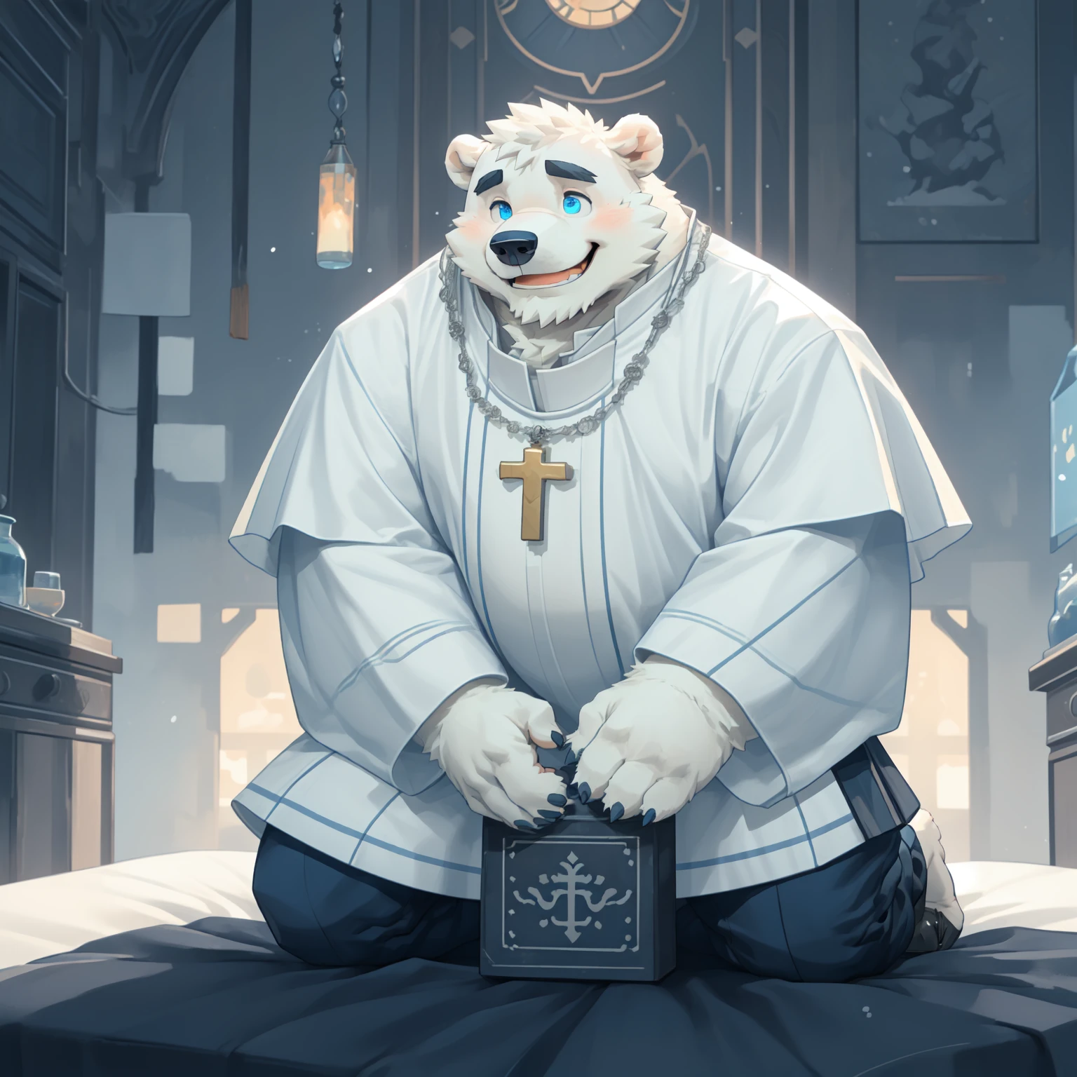 New Jersey 5 Furry，polar bear，Exquisite，Solitary，Chubby，Fat，Thick arms，Rugged muscles，White plush fur，Chubby脸，Black eyebrows，Sky blue eyes，Beard，absurd, High-quality illustrations, Ultra-high resolution, Detailed background, Perfect anatomical structure( Quilt，Kneeling on the bed，blink, Smile,Priest,White clothes，Cute expressions，Ultra detailed face,Detailed depiction of face