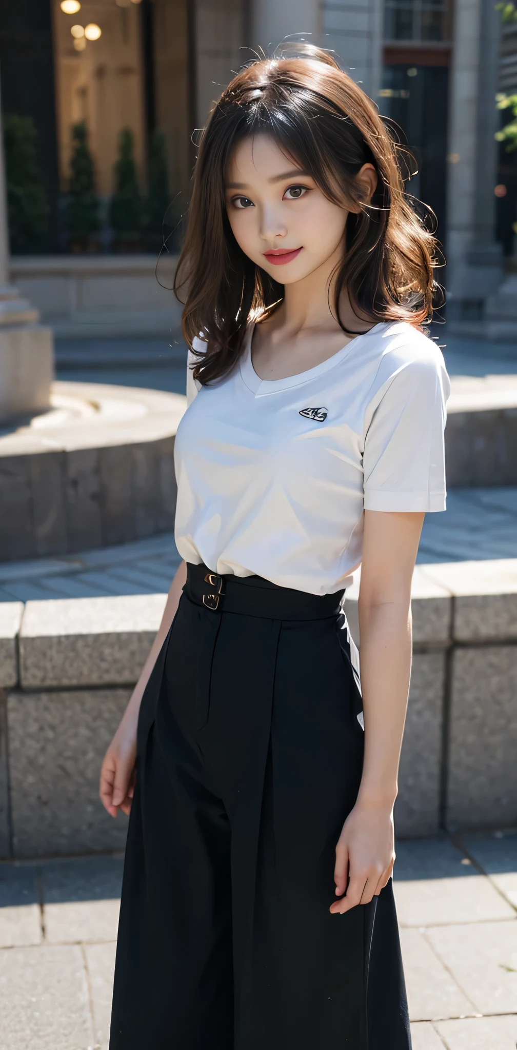 RAW photo, bokeh, (Lifelike face), smiled slightly, best quality, HDR, (photorealistic:1.55), brown and curly and messy hair, very detailed face, beautiful eyes, [chubby], adorable, full body portrait, Close-up, sharp outline, romantic, cold beauty, stylish, fashion, stylish costume, uniform, culottes, t-shirt, delicate face, brown hair fluttering in the wind, 24-year-old girl, slim figure, small bust, charisma, glamorous, standing tall.
