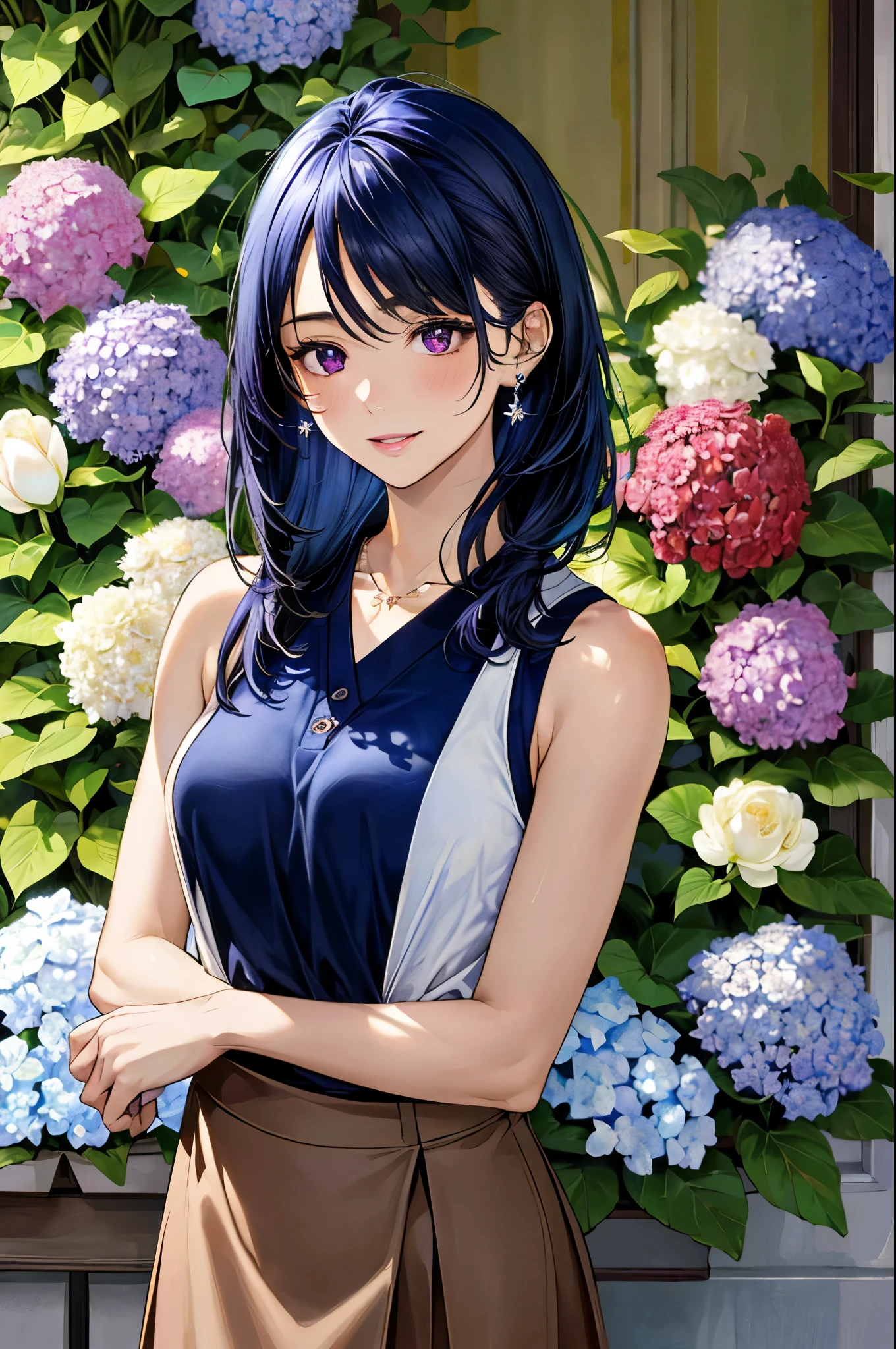(masterpiece:1.3, top-quality, ultra high res, ultra detailed), (realistic, photorealistic:1.2), beautiful illustration, perfect lighting, natural lighting, colorful, depth of fields, , 
beautiful detailed hair, beautiful detailed face, beautiful detailed eyes, beautiful clavicle, beautiful body, beautiful chest, beautiful thigh, beautiful legs, beautiful fingers, shiny skin, 
looking at viewer, 1 girl, japanese, 22 years old, (perfect anatomy, anatomically correct, super detailed skin), cute and symmetrical face, babyface, perfect face, perfect eyes, perfect fingers,
(middle hair:0.8, hair slicked back:1.6, royalblue hair), parted bangs, dark purple eyes, big eyes, drooping eyes, long eyelashes, faint lips, (large breasts, clavicle), outstanding style, 
(detailed cloth texture, break, navy blue and white sleeveless collared polo shirt, dark maroon tight skirt, ), break, necklace, earring, open shoulders, 
(beautiful scenery), (flower shop, florist, rose, hydrangea, tulip, dendrobume), standing, (flower arrangement), (lovely smile, parted lips), 