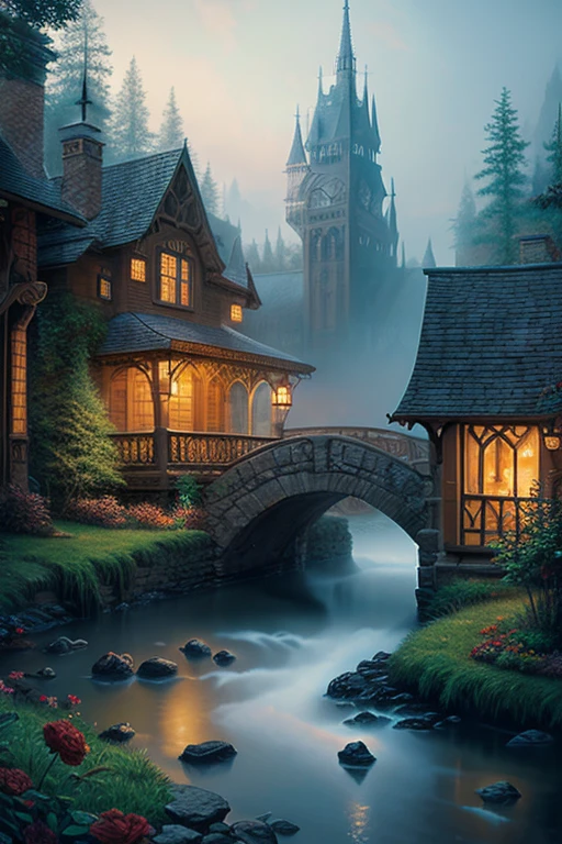mist, Thomas Kinkade, Aaron Wiesenfeld、Beksinki、Adrian Eversen、Gedimins Plankevicius、Escher, Intricately sophisticated textures, Matte Painting Details, Deep color, wonderful, Intricate details