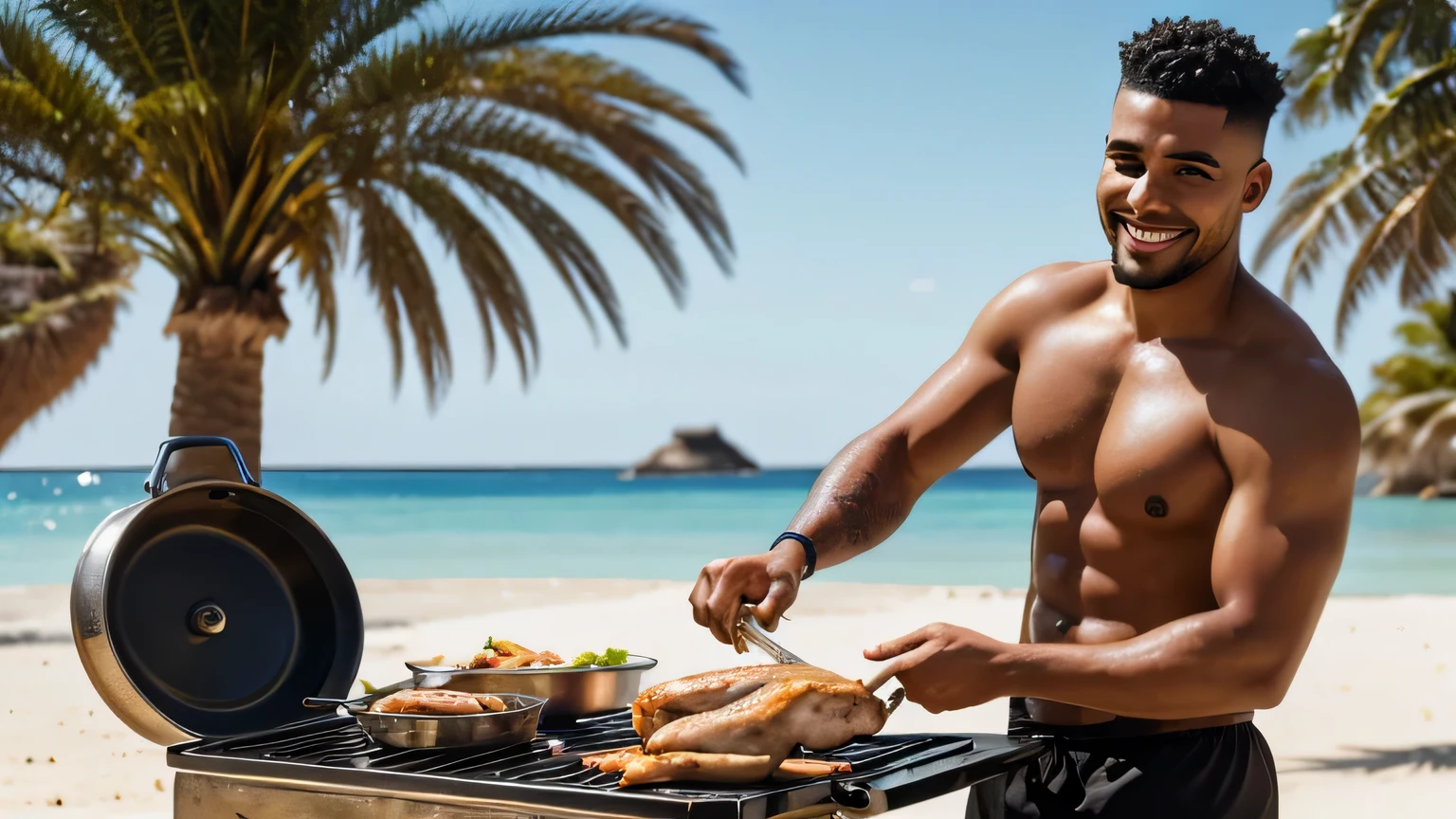 a hyper realistic mixed raced, male, with a skin fade hair cut, looking directly to camera and smiling, cooking chicken on a oil drum style bbq, on a desert island, sunny day