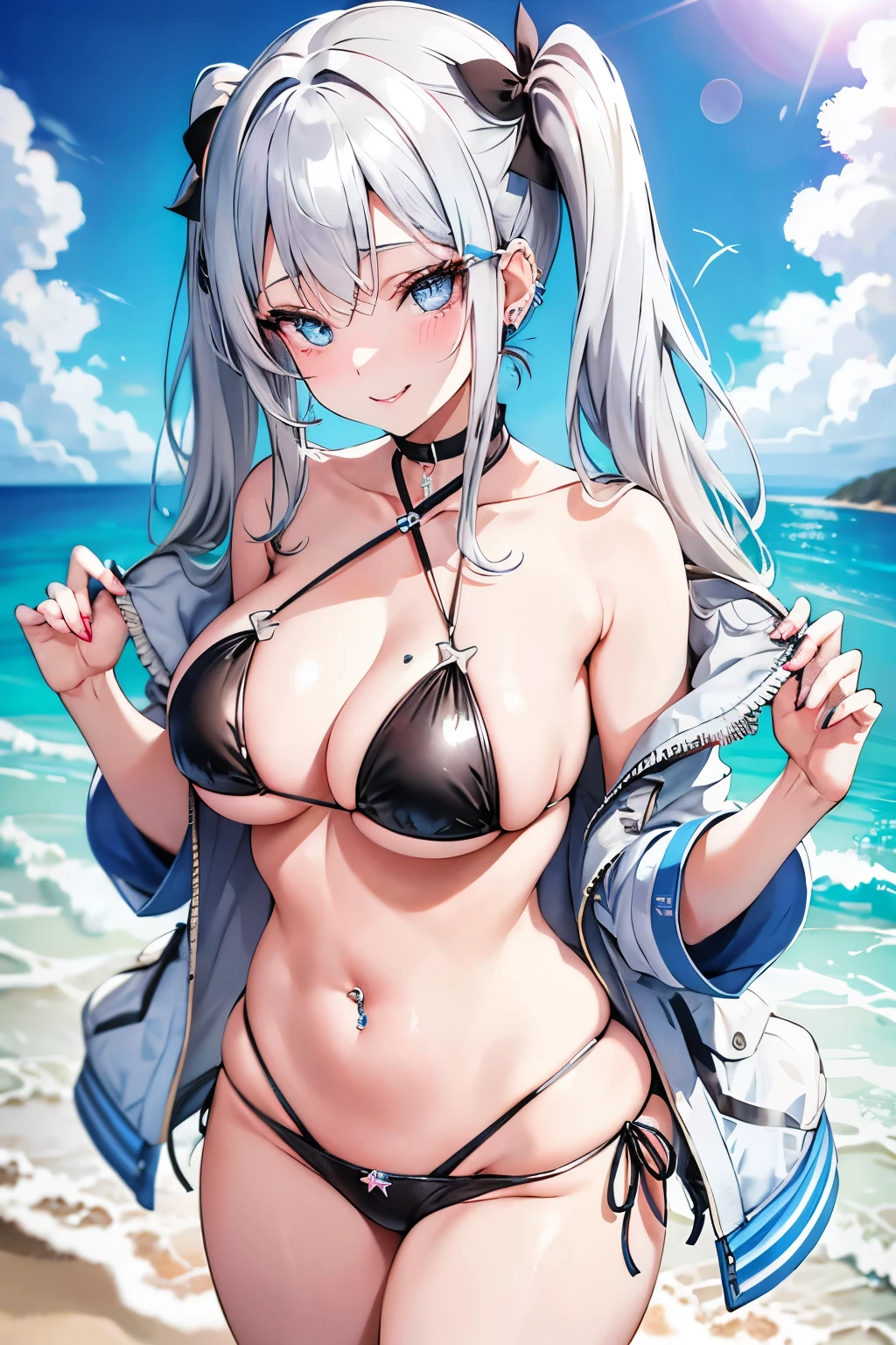 Silver-haired blue eyes、 girl, large breasts、Twin tails、Laughter、Nico Nico Smile、Wink、 girl、Looks about 25 years old, There are highlights on the eyes、Coming to the beach, Wear a brazilian bikini, gal-like appearance、Wearing piercings、She bends forward and seduces me.、My chest is visible