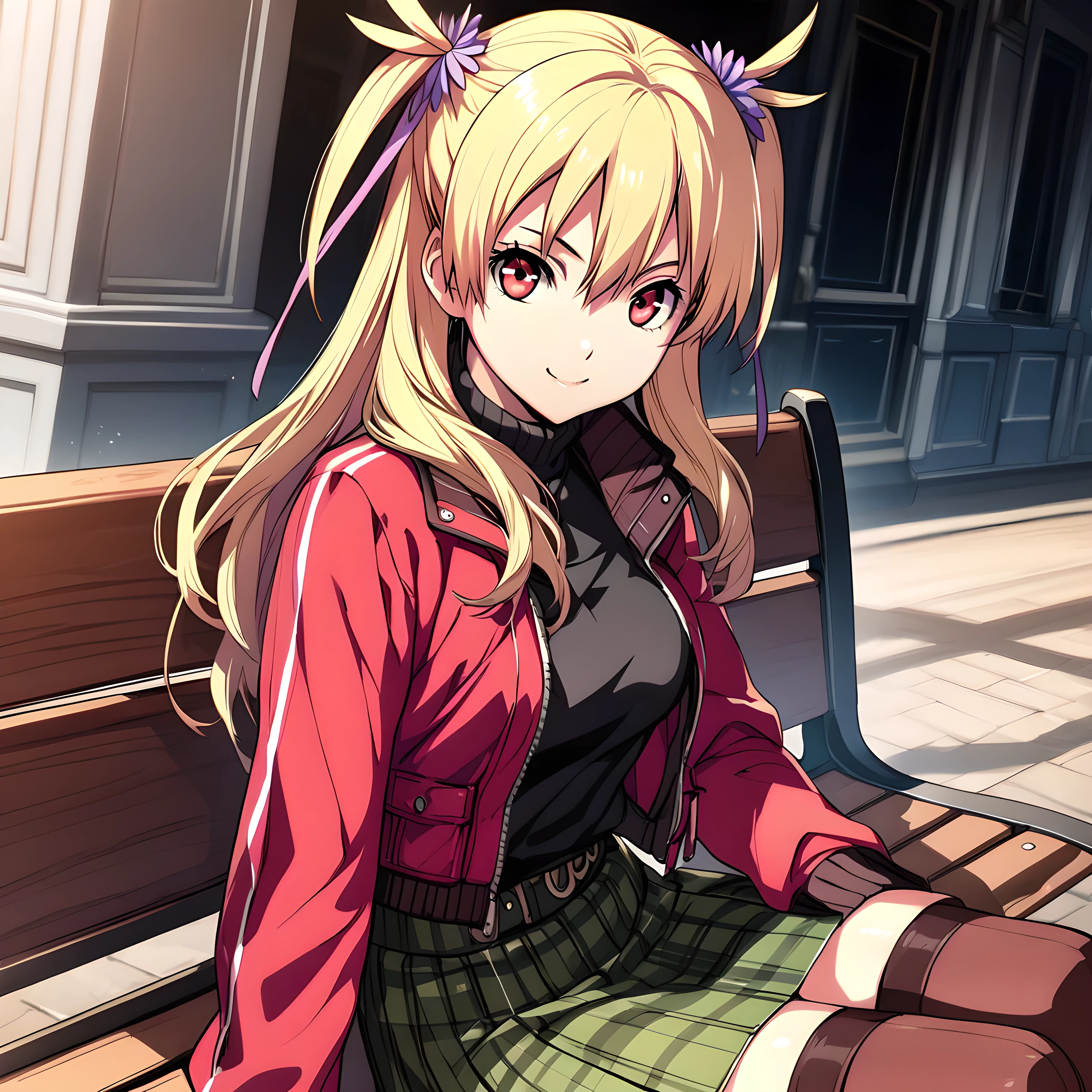 (masterpiece),(best quality),(ultra-detailed),(best illustration),(best shadow),(absurdres),(detailed background),(very aesthetic), sen12, blonde hair, two side up, purple ribbon, turtleneck, red jacket, green miniskirt, brown thighhighs, smile, looking at viewer, on a bench, red eyes,
