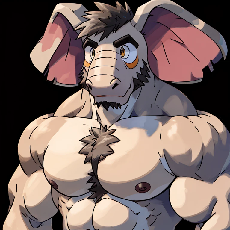 A big bodyguard with exaggerated muscles, strong figure, beard, African elephant with light gray skin, Square Line Buzz Hairstyle, (A worried expression: 1.2), (Naked: 1.2), (Bara pectoralis: 1.3), (Arm and chest hair: 1.1), (full-body shot),Portrait HD, woodcutter, (sunny meadow)