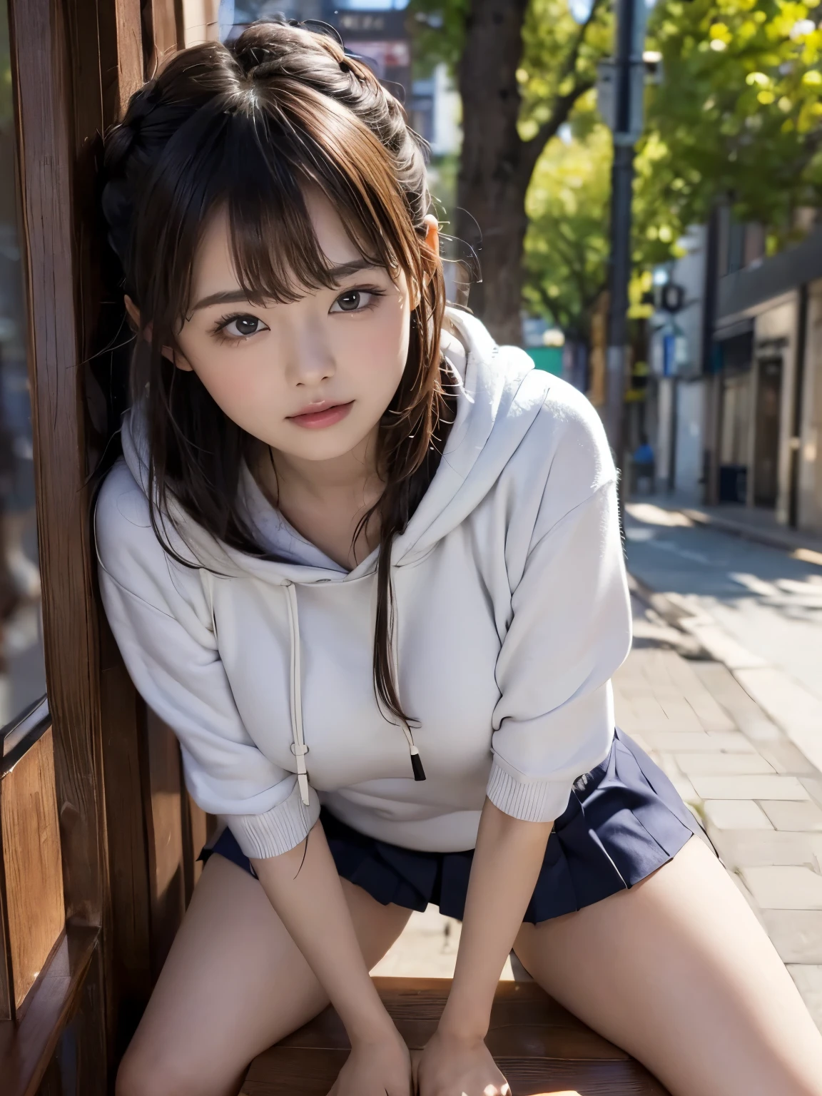 (((round face, drooping eyes))), (straddling the table corner to hit her crotch for masturbation in various downtown place), braid, (hoodie), various patterned panties, trees, plants, spread legs,