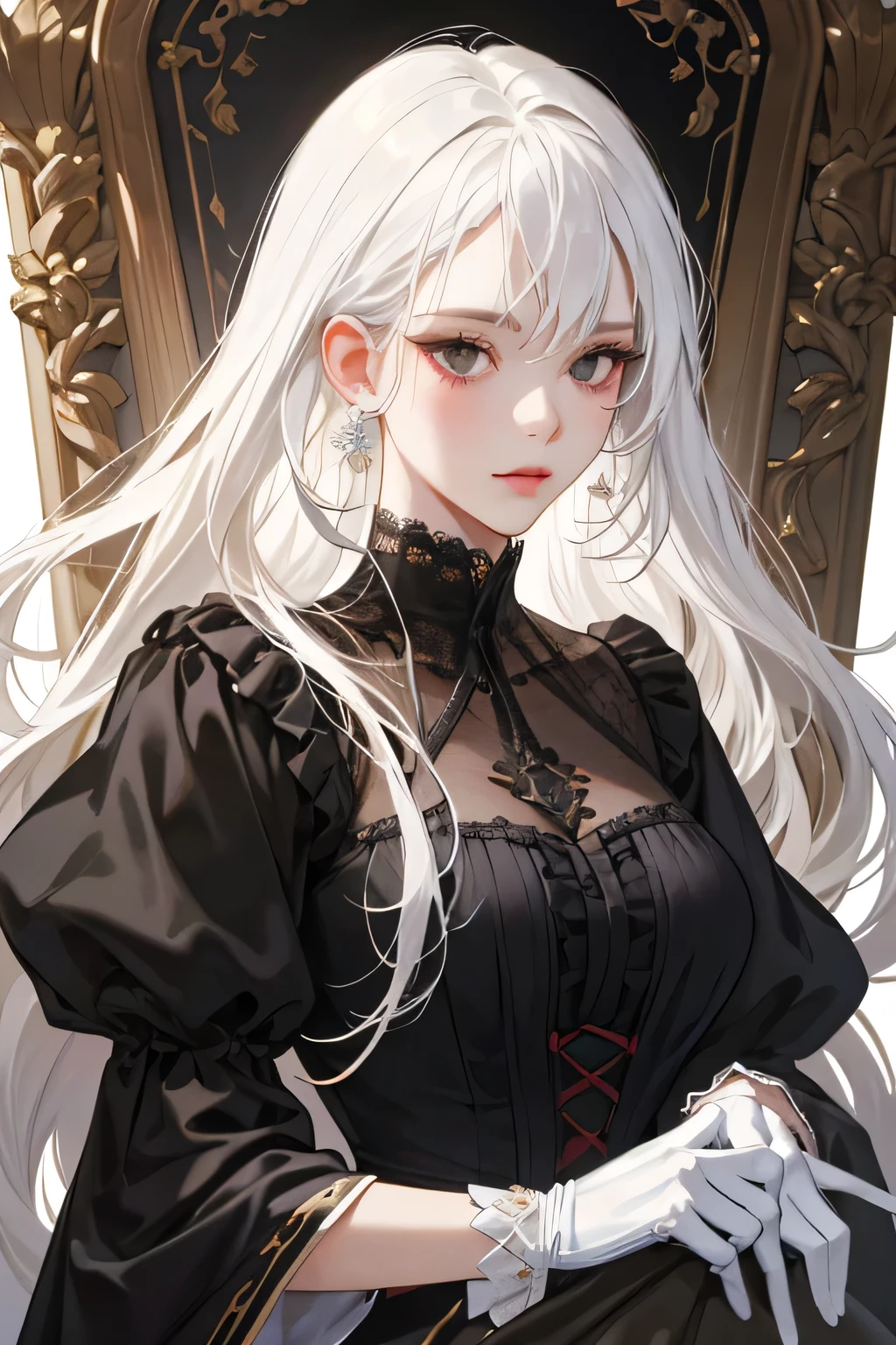 Empress, old girl, girl, 1 girl, beautyfull, shine, depicting Equal eyes, (A female god) Look at camera, depicting delicate facial features, red victorian dress, white gloves, gothic style, ribbon, long curl white hair, extreme detail, delicate depiction, black eyes, royal, elegant, noble, royal dress, black eyes, black eyes, perfect eyes