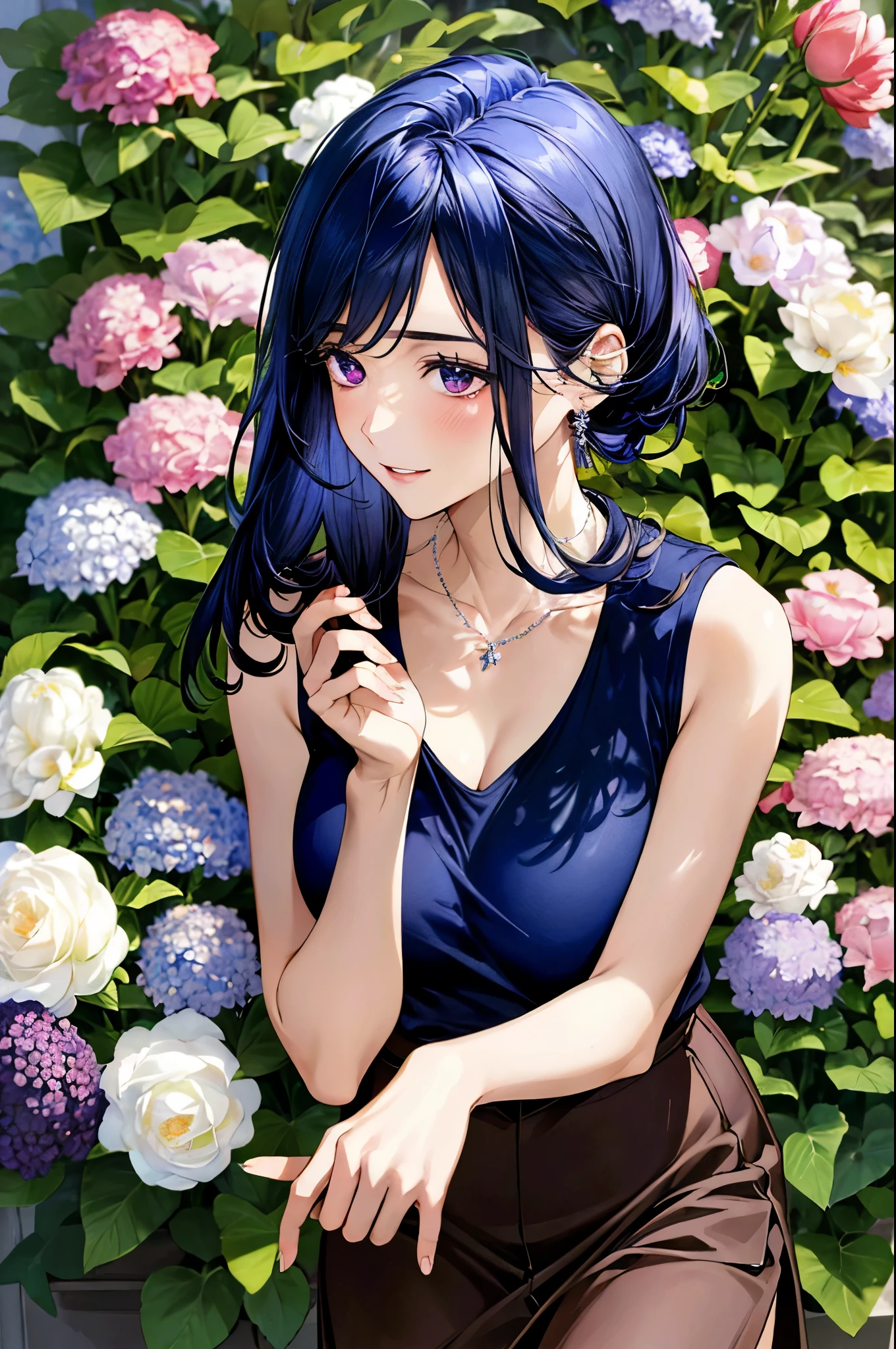 (masterpiece:1.3, top-quality, ultra high res, ultra detailed), (realistic, photorealistic:1.2), beautiful illustration, perfect lighting, natural lighting, colorful, depth of fields, , 
beautiful detailed hair, beautiful detailed face, beautiful detailed eyes, beautiful clavicle, beautiful body, beautiful chest, beautiful thigh, beautiful legs, beautiful fingers, shiny skin, 
looking at viewer, 1 girl, japanese, 22 years old, (perfect anatomy, anatomically correct, super detailed skin), cute and symmetrical face, babyface, perfect face, perfect eyes, perfect fingers,
(middle hair:0.8, hair slicked back:1.6, royalblue hair), parted bangs, dark purple eyes, big eyes, drooping eyes, long eyelashes, faint lips, (large breasts, clavicle), outstanding style, 
(detailed cloth texture, break, navy blue and white sleeveless collared polo shirt, dark maroon tight skirt, ), break, necklace, earring, open shoulders, 
(beautiful scenery), (flower shop, florist, rose, hydrangea, tulip, dendrobume), standing, (flower arrangement), (lovely smile, parted lips), 