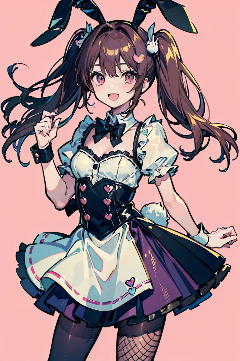 1 girl, sweets, (Bunny girl), Pop atmosphere, cute, Long Hair, Brown Hair, (hair ornaments), Lively expressions, Bright smile, ribbon, Fishnet tights, Glossy clothing ,Beautiful brown eyes in every detail, (Heart-shaped eyes), Pastel pink background,18-year-old, Colorful Hair, Straight hair, Beautiful, shining eyes, Romanticism, modern art, Impressionism, reflected light, 8k, masterpiece, Advanced Details, highest quality, Accurate anatomy