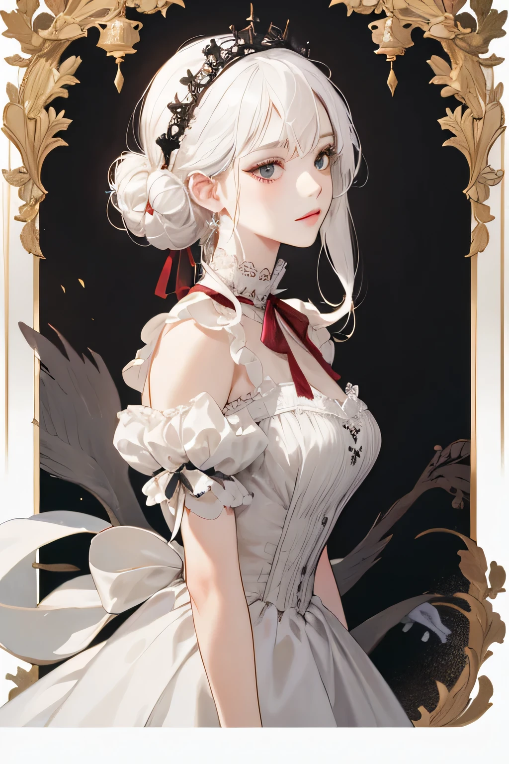 Empress, old girl, girl, 1 girl, beautyfull, shine, depicting Equal eyes, (A female god) Look at camera, depicting delicate facial features, red victorian dress, white gloves, gothic style, ribbon, long curl white hair, extreme detail, delicate depiction, black eyes, royal, elegant, noble, royal dress, black eyes, black eyes, perfect eyes