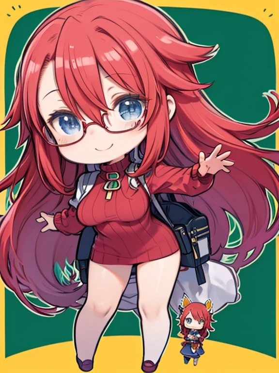 masterpiece、highest quality、High resolution、Very detailed、((Flat Color))、whole body、Chibi Character、Girl、cute、Nendoroid、Smiling、(aty, long hair, blue eyes, red hair, Hair between the eyes、Big Breasts)、Glasses、Red sweater、Turtleneck sweater、
