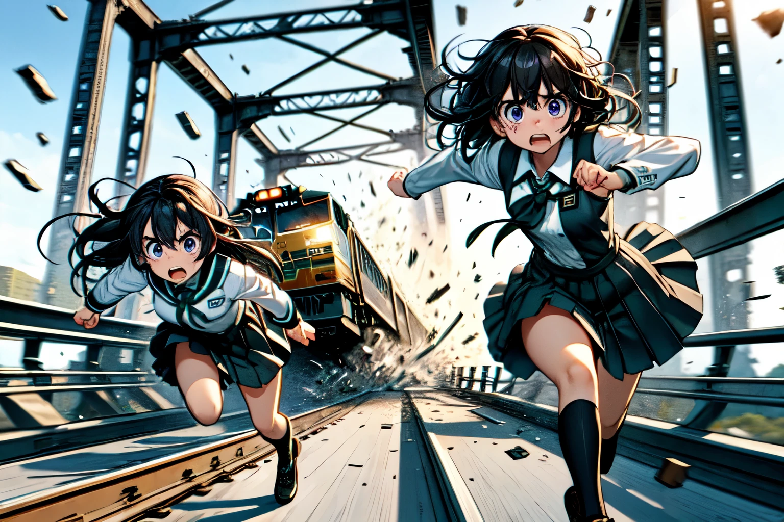 masterpiece,best quality,highly detailed,1girl,solo,serious,v-shaped eyebrows,sweat,sweatdrop,clenched teeth,
takina inoue,purple eyes,black hair,long hair,lycoris uniform,green ribbon,long sleeves,two-tone dress,pleated dress,collared shirt,kneehighs,
BREAK
fleeingBridge,fleeing on bridge,bridge,breaking,crack,debris,destruction,fleeing,motion lines,motion blur,speed lines,running,railing,railroad tracks,train,