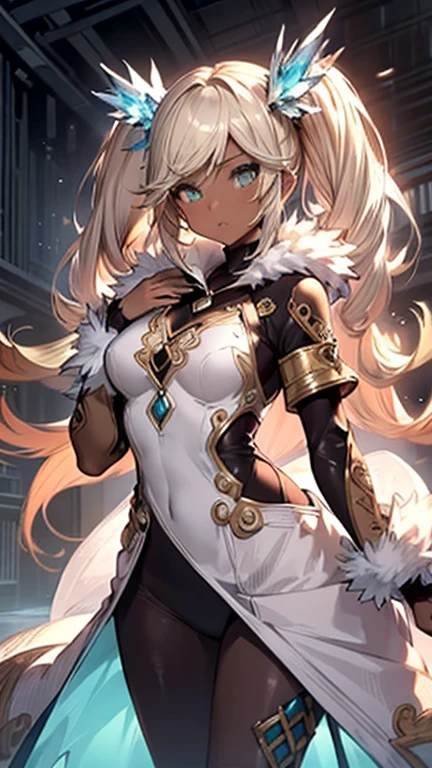 Iooiklas,Platinum Blonde Hair,Twin tails, hair ornaments, White Dress, Black knee socks,
Removable sleeves,Complex eyes,Beautiful fine details,Symmetrical eyes,Big eyes:1.5,Seductive eyes,
(((dark skin,dark_skin,lustrous skin:1.5,bright skin: 1.5,
skin tanned,shiny skin,very shiny skin,Shiny body,plastic glitter
skin,exaggerated shiny skin,illuminated skin))),
(,Detailed body,(Detailed face)), cute,Lewd,erotic,Bold,Camel toe revealing outfit,show skin,(((Sexy aqua fur coat, Aqua fur coat outfit,
wearing a Ice Dress:1.3,aqua 冬 coat))), ((Ice Dress,elegant Ice Dress)),
(White gloves,White clothes,(((Complex outfit,Complicated clothes,Embroidered costume,Glamorous costumes,Embroidered clothes,
Glamorous clothing))),skinsuit, Bodysuits, pantyhose,
High resolution,Sharp focus,(Super detailed,Very detailed),(Very detailed CG unity 8k wallpaper),
(((Vibrant colors))),Laughter,Open your mouth,Are standing,
Place your hands behind your head,dynamic pose,whole body,