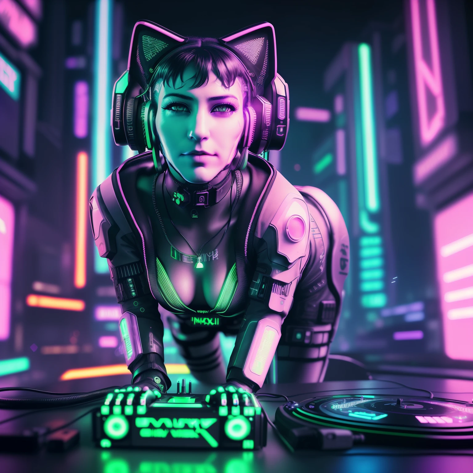 A green-eyed cat DJ in neon auxiliary lights, (cyberpunk: 1.5), (holographic: 1.4), (synthwave: 1.2), (dynamic lighting: 1.3), neon noir, (vibrant colors: 1.2), (3D effect: 1.1), (action shot: 1.3), (Intense focus: 1.1), sleek and modern body, wearing headphones and spinning vinyl records, (high-definition: 1.4), (pulse-pounding: 1.1), (energetic atmosphere: 1.2), (imm