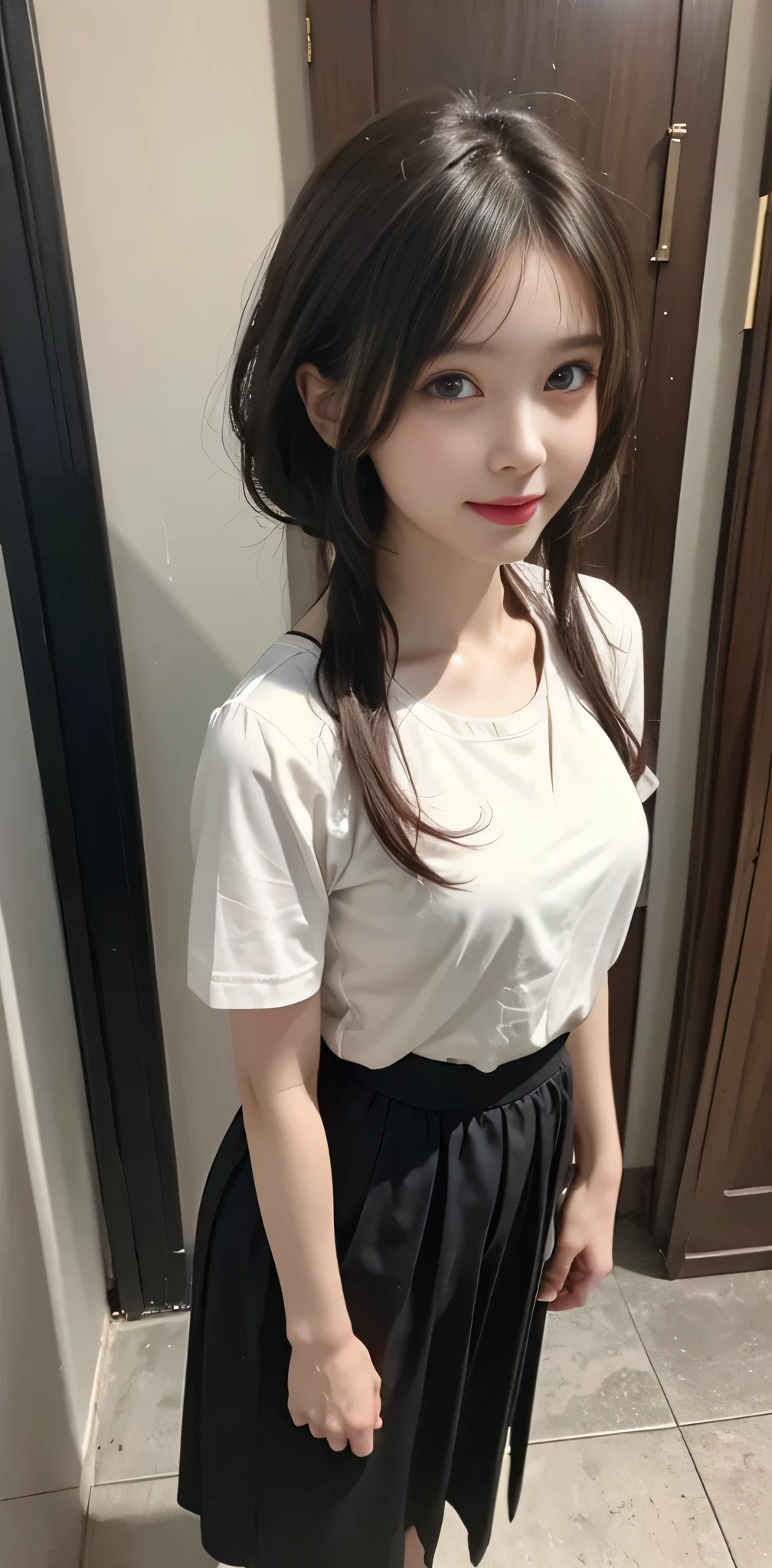 RAW photo, bokeh, (Lifelike face), smiled slightly, best quality, HDR, (photorealistic:1.55), brown and curly and messy hair, very detailed face, beautiful eyes, [chubby], adorable, full body portrait, Close-up, sharp outline, romantic, cold beauty, stylish, fashion, stylish costume, uniform, culottes, t-shirt, delicate face, brown hair fluttering in the wind, 24-year-old girl, slim figure, small bust, charisma, glamorous, standing tall.