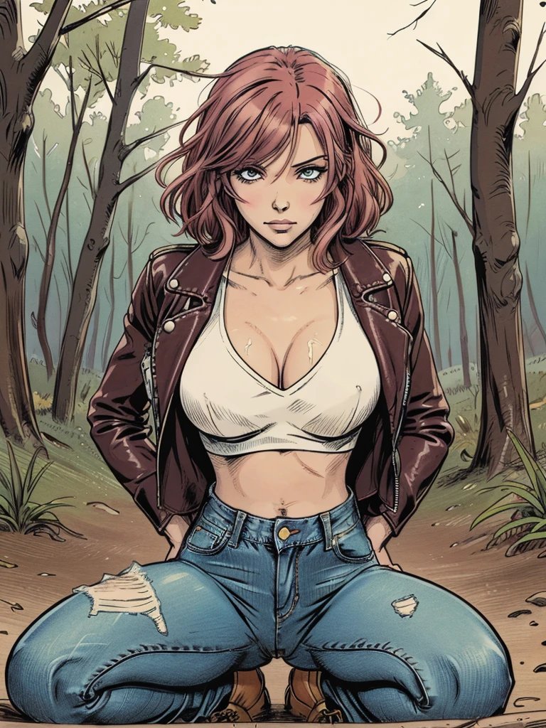 vector image, 2d cartoon,masterpiece, anime, 1woman,spanks herself:1.2, gloomy orgasm, colored blush hair,jeans, leather biker jacket, blouse, horny, forest, crop-top, side view