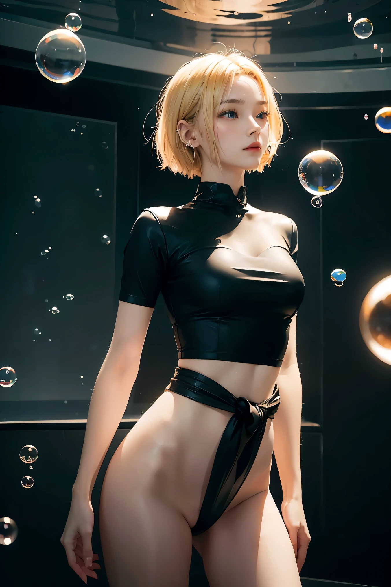 
20h
A realistic (((half body))) photograph of a woman model in black long sleeves shirt and (blond pixie short hairstyle) ((standing and putting two hands on her waist elegantly )) with (( giant bubbles)) in spaceship, in glass background, a surrealist sculpture in the style of Richard Avedon, in a still from a fashion film, with black and orange color, sminimalist stage designs, leather/hide, y2k aesthetic, aerial view, low angle upon, symmetrical composition，xianxia