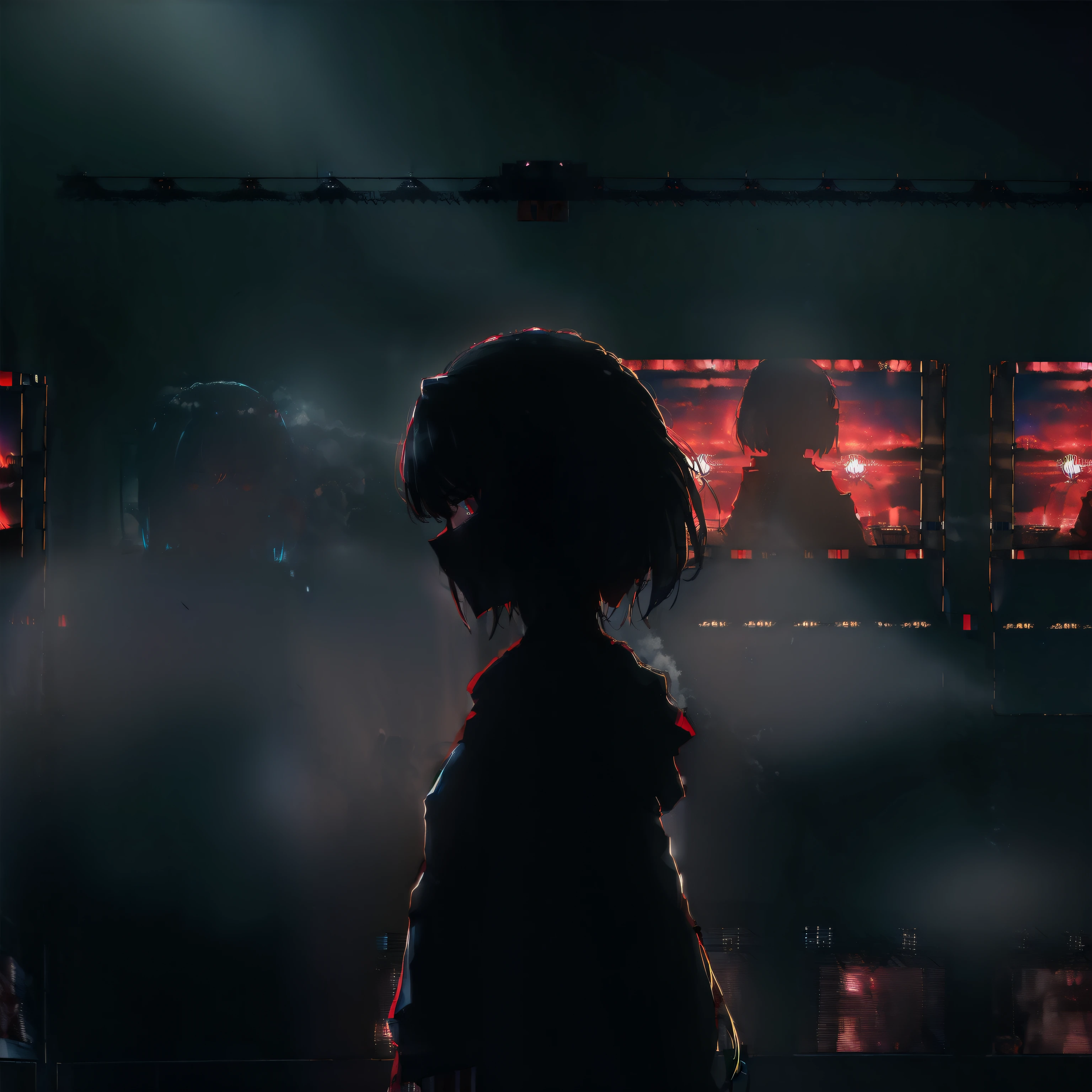 Reflect tooltip: woman with red eyes stands in front of the window, trending on pixiv, There&#39;s a scary atmosphere behind her., panoramic view of the girl in the center, Anime lighting, forced witness, Glass lid, Heavy makeup, (screens),Beautiful silhouette of a girl with blood particles floating around her, illuminated by a flickering television monitor, which displays a mesmerizing image of an anime girl.,Conveying a sense of mystery and intensity,from a famous anime artist, with a dark and atmospheric background filled with screens and displays, but catches the viewer&#39;s eye,(very long hair),(full width cinema screens and displays:1.4),(giant cinema screens and displays:1.6),(bring your face closer:1.3), ((focus on the face:1.3)),((there are girls in giant cinema screens and displays:1.9)), ((fog:1.8)), (heavy fog 1.2), (soft drops of blood, tears), ((dark colors 1.6))