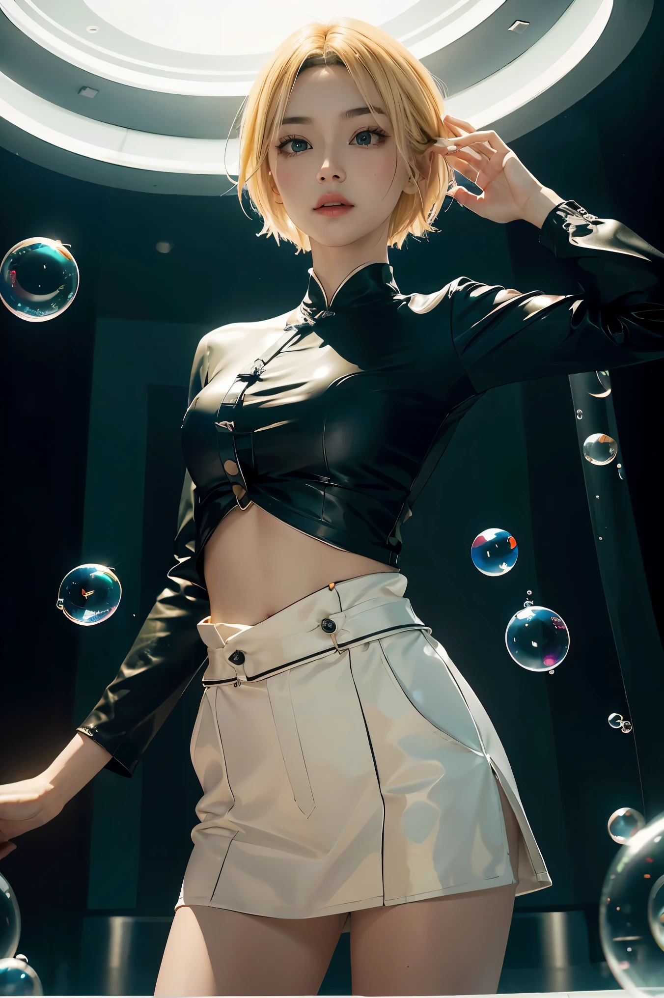 
20h
A realistic (((half body))) photograph of a woman model in black long sleeves shirt and (blond pixie short hairstyle) ((standing and putting two hands on her waist elegantly )) with (( giant bubbles)) in spaceship, in glass background, a surrealist sculpture in the style of Richard Avedon, in a still from a fashion film, with black and orange color, sminimalist stage designs, leather/hide, y2k aesthetic, aerial view, low angle upon, symmetrical composition，xianxia