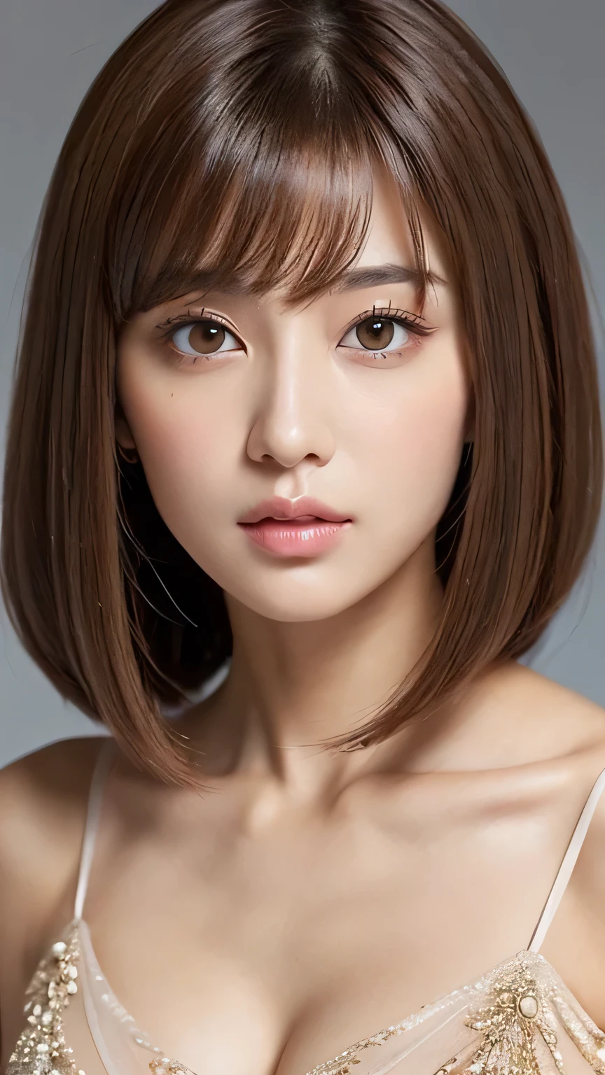 1 female, Maximum Chest Circumference, Light brown hair, Blunt bangs, Random Hairstyles,((Glamorous and attractive figure,She's sticking her ass out towards me)), Thin face, Delicate lips, Saggy eyes, eyes are light brown, Perfect glowing skin, (Realistic:1.3), random color bikini、Super Detail, high quality, 最high quality, High resolution,((From head to toe,whole body,))20-year-old,Green Eyes,Crouching,Dimples,Mole around the mouth,