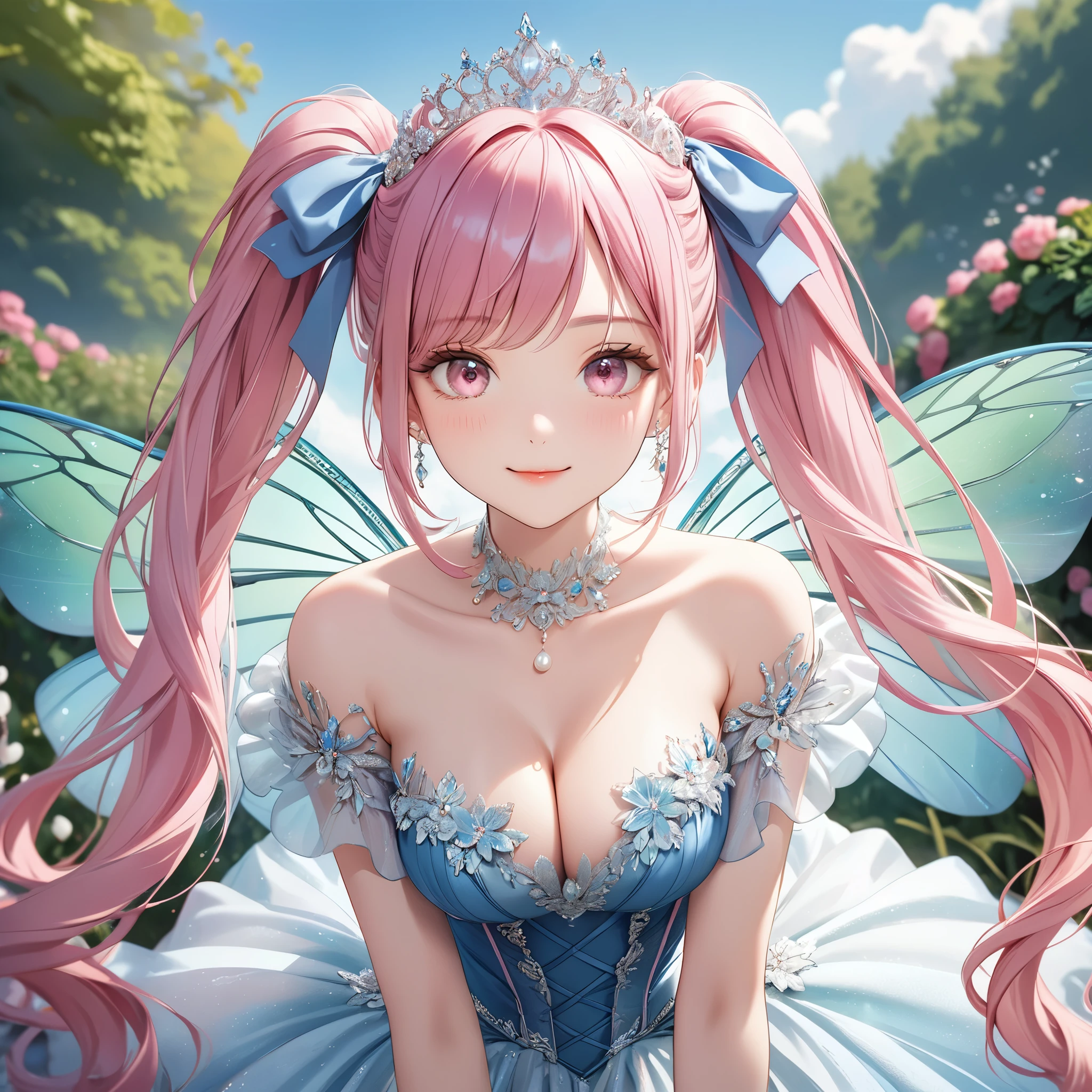 (8K, masutepiece, Highest Quality, Best Quality, Official art, Breathtaking beauty and aesthetics, A highly detailed, The best masterpiece in history that exceeds limits, Breathtaking and beautiful lighting:1.2), (1 Girl, Solo), (), (Beautiful detailed face), (shiny white skin), (Beautiful big bust, cleavage:1.3), (Beautiful detailed pink twintails hair, Bangs:1.3), (beautiful detailed drooping pink eyes:1.5), break, (Beautiful Luxurious blue Princess Dresses, See-through intricate lace, cute bow ribbon, a lot of see-through frill, sheer chiffon material, silver thread, Diamond, pearl, corset), (Beautiful Luxurious Diamonds Tiara), (happy Beautiful Gentle cute innocent smile:1.2), (Attractive, amazing, Beautiful, Elegant, Luxurious, magnifica, Eye-catching, Elegant, Graceful, Everyone loves it, Beauty that fascinates everyone, Healed, The highest level of complete beauty, cute like an idol, Stylish like a fashion model, Goddess-like grace, Look at camera, cute pose, Happy,) breathtaking scenery, (ultra detailed realistic Breathtakingly beautiful garden, blue sky:1.2),  (Beautiful detailed fantastic fairy wings:1.3)