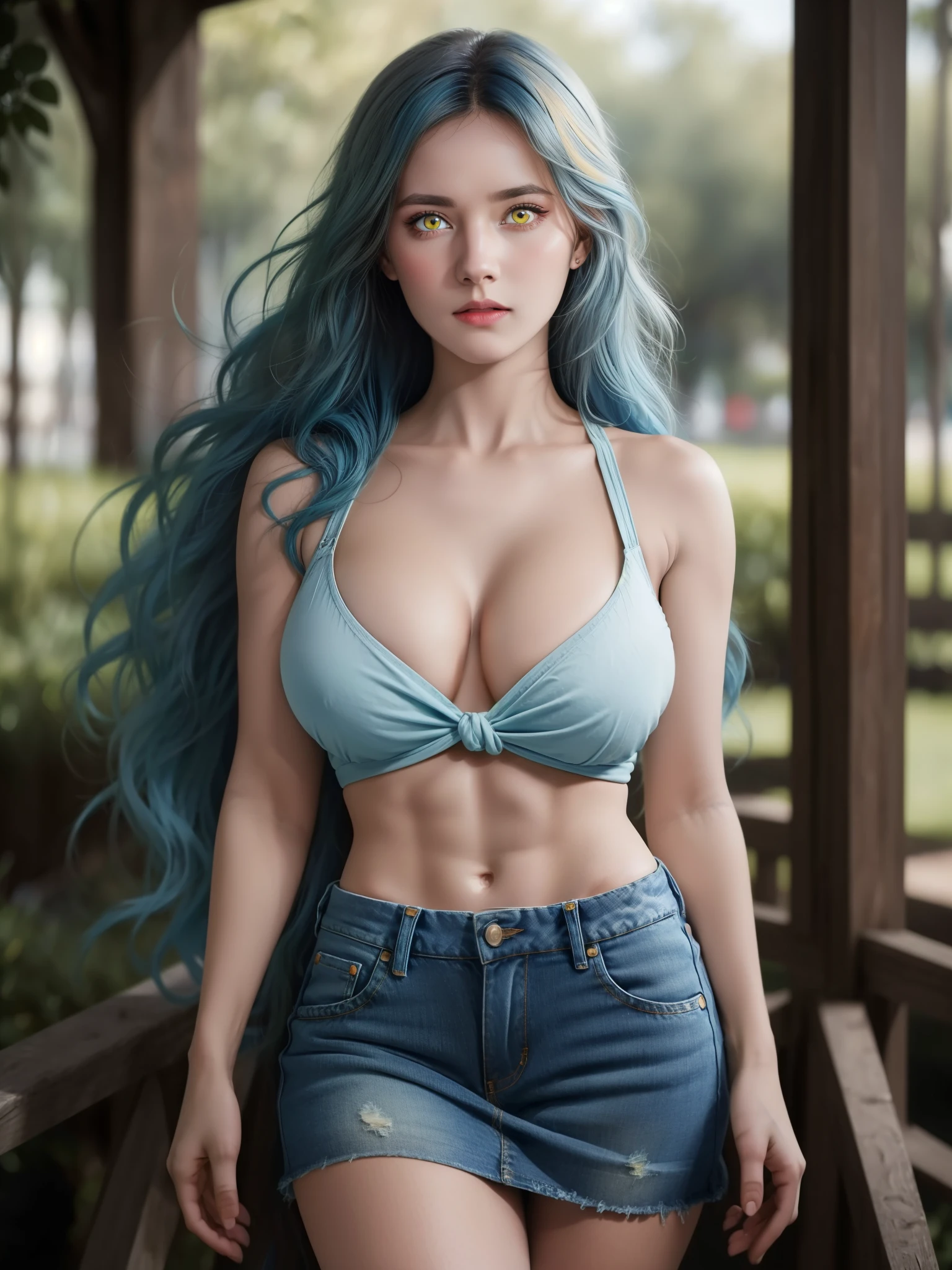 detailed lips, short wavy hair, serpents for hair, fierce expression, pale complexion, mesmerizing gaze, vibrant colors, soft lighting, (hyperrealistic), (illustration), (high resolution), (8K), (extremely detailed), (best illustration), (beautiful detailed eyes), (best quality), (ultra-detailed), (masterpiece), (wallpaper), (photorealistic), (natural light), (detailed realistic beautiful face), (high detailed realistic skin texture), (solo:1.51), (1 girl:1.52), (high detailed realistic hair), (ice-blue hair:1.35), (heterochromic eyes), (detailed eyes), (beautiful light-yellow eyes:1.37), (sparkling eyes), (realistic huge breasts:1.53), (slender abs), (dynamic pose), (closed tiny mouth:1.3), (concentrated expression), (upon body from head to thigh:1.59), (bare shoulders:1.54), (looking at viewer), (double eyelids), (posing as a model), in a green park, red tanktop, mini jeans, mini skirt