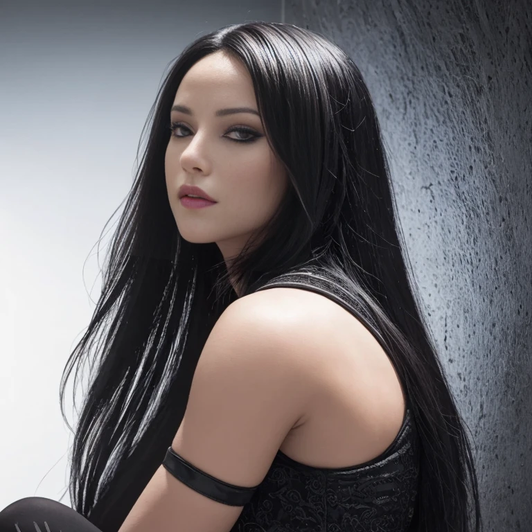 hyper realistic, 16k, best quality, masterpiece, (photorealistic:1.4), 1girl (alone), solo. Pretty young. Gothic aesthetic, goth makeup, black silky hair (realistic texture), hair fringe,  realistic eyes, pele-white skin, illuminated skin, realistic shading, (modern) black gothic dress (realistic textures), big hips, tights. waist up, dramatic lighting, from below, front, front view, multiple different poses at different angles, glowing skin, front, back lighting, athletic figure, muscular female, curvy, wide hips, colorful, looking at viewer, Hyperrealistic, gradient background, dark background, outline, cinematic lighting, (chromatic aberration, intricate details)