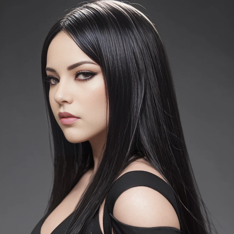 hyper realistic, 16k, best quality, masterpiece, (photorealistic:1.4), 1girl (alone), solo. Pretty young. Gothic aesthetic, goth makeup, black silky hair (realistic texture), hair fringe, realistic eyes, pele-white skin, illuminated skin, realistic shading, (modern) black gothic dress (realistic textures), big hips, tights. waist up, dramatic lighting, from below, front, front view, multiple different poses at different angles, glowing skin, front, back lighting, athletic figure, muscular female, curvy, wide hips, colorful, looking at viewer, Hyperrealistic, gradient background, dark background, outline, cinematic lighting, (chromatic aberration, intricate details)