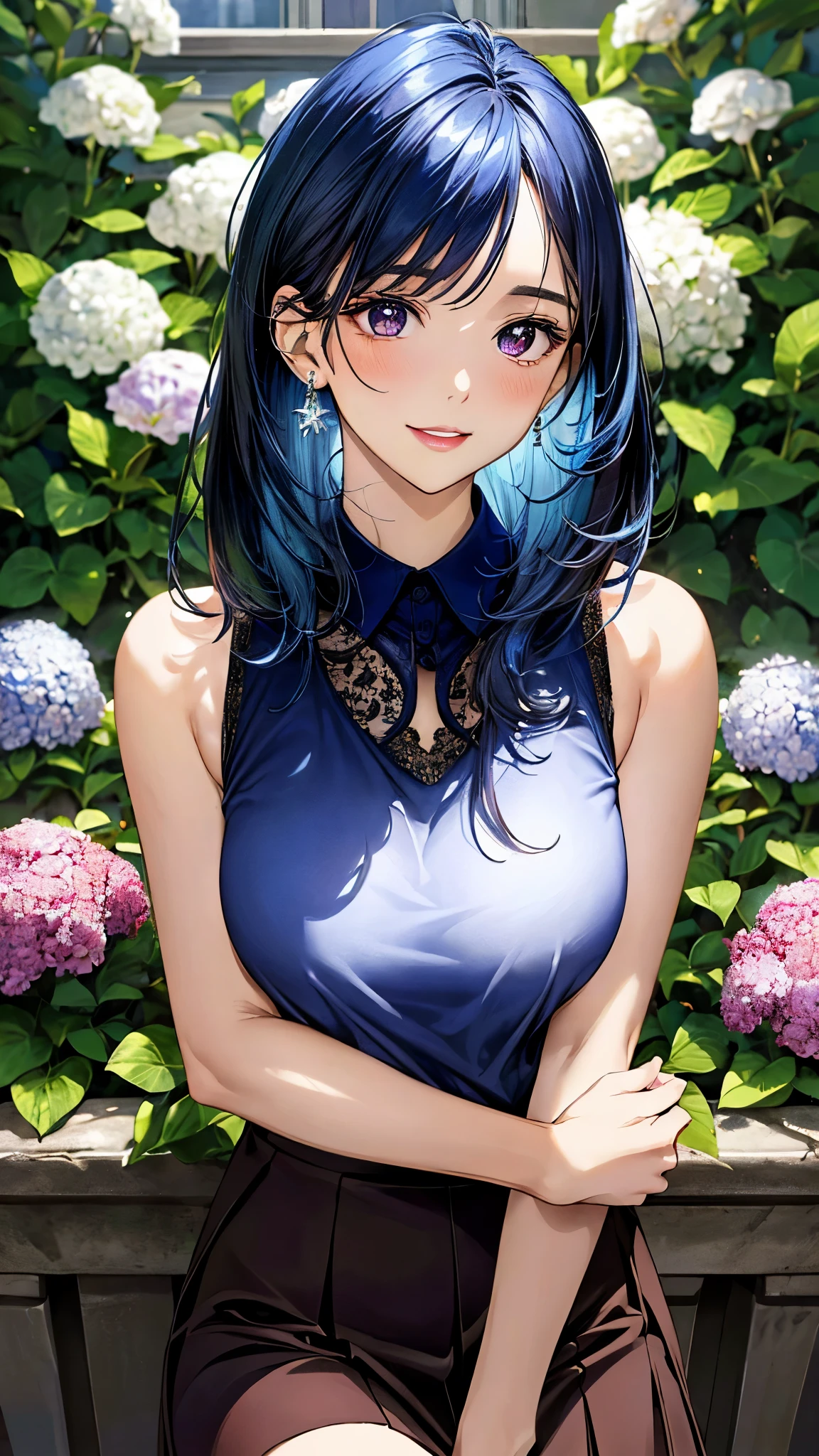 ((Highest quality)), ((High resolution)), ((masterpiece)), (detailed), (photograph),
View your viewers, Cowboy Shot, Written boundary depth, Anatomically correct, Mature Woman, Perfect Face, Cute and symmetrical face, Shiny skin,
(Long Hair, Blue Hair), Hair between the eyes, Chestnut brown eyes, Long eyelashes, (Big Breasts:0.9),
Beautiful Hair, Beautiful Face, Beautiful details, Beautiful clavicle, Beautiful body, Beautiful breasts, Beautiful thighs, Beautiful legs,
(Pink sleeveless sweater, White flared skirt),
(Beautiful views), Sun shower, Hydrangea, Temple grounds, Long staircase, stand in the middle of the stairs, (Cute Smile),