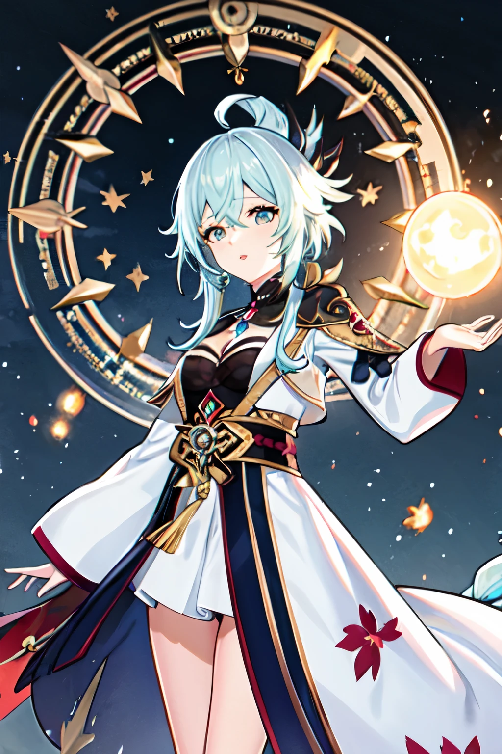 1 garota, roupas japonesas, rabo de cavalo ,cabelo branco, olhos roxos, magic circle, fogo azul, chamas azuis, papel de parede, paisagem, Sangue, Sangue splatter, profundidade de campo, noite, light particles, raios de luz, side lighting, coxas, destino \(Series\), Impacto Genshin, jaqueta aberta, saia, Coxas, nuvem